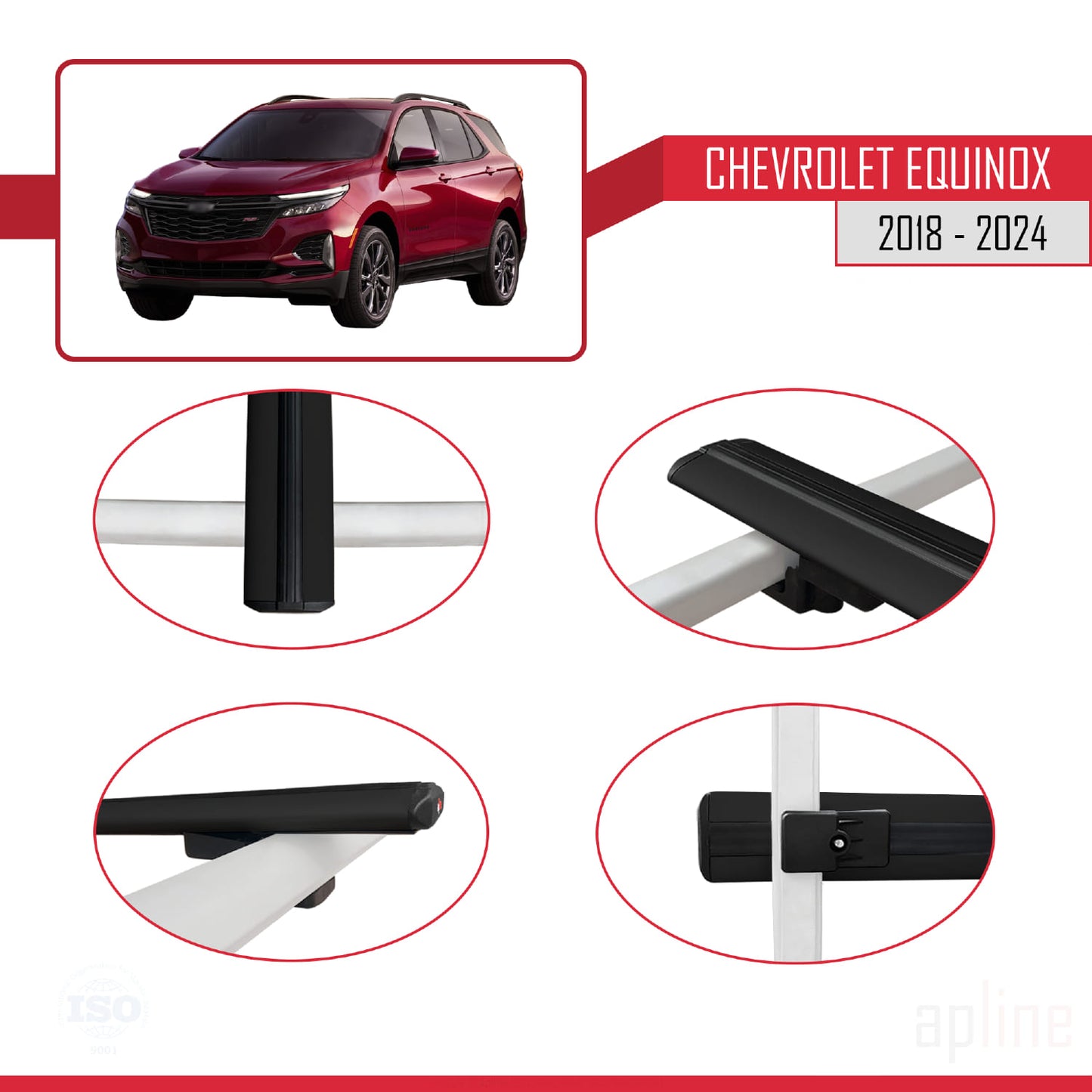 Compatible avec Chevrolet Equinox 2018-2024 BASIC Model Barres de Toit Railing Porte-Bagages de Voiture Noir Aluminium 3 Barres