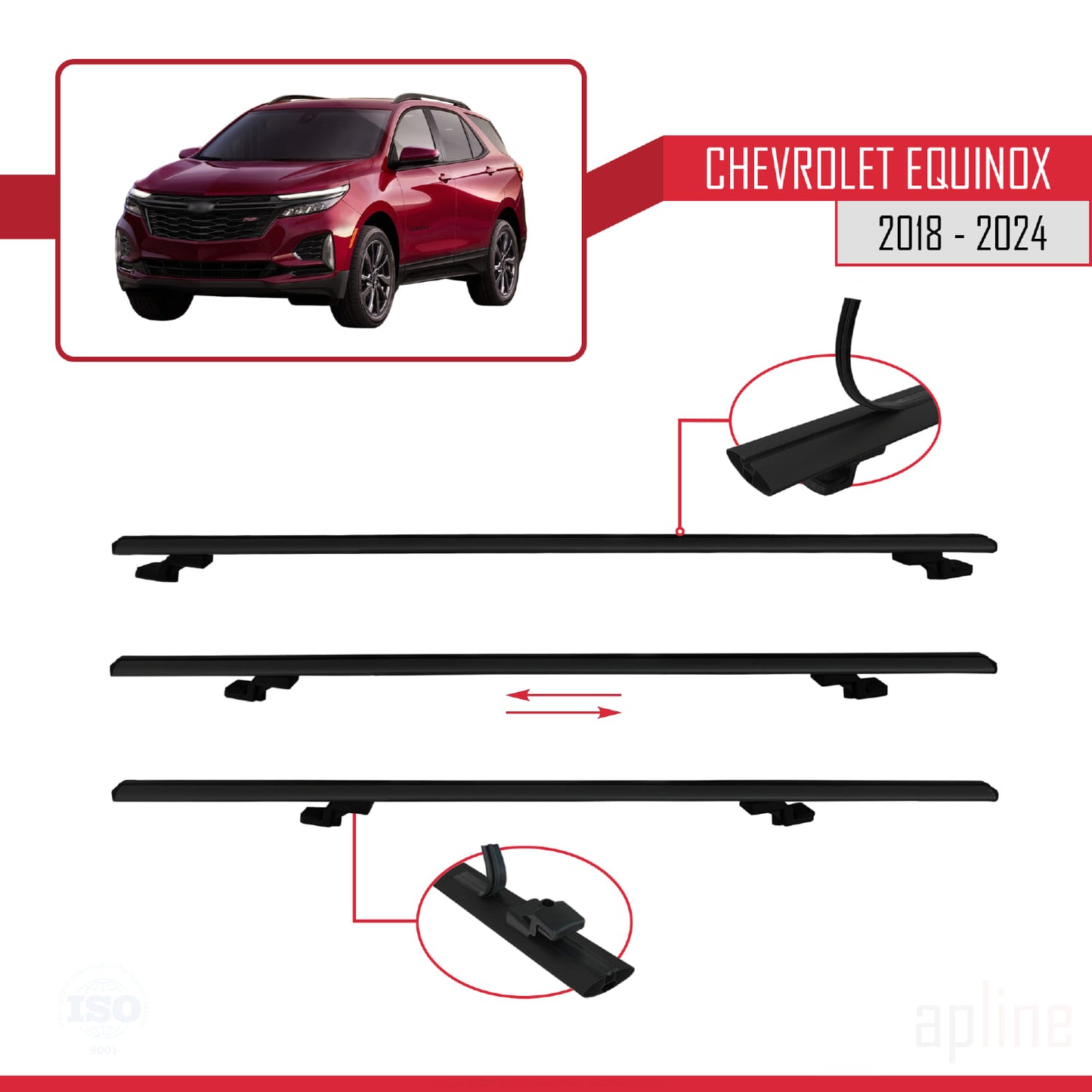 Compatible avec Chevrolet Equinox 2018-2024 BASIC Model Barres de Toit Railing Porte-Bagages de Voiture Noir Aluminium 3 Barres