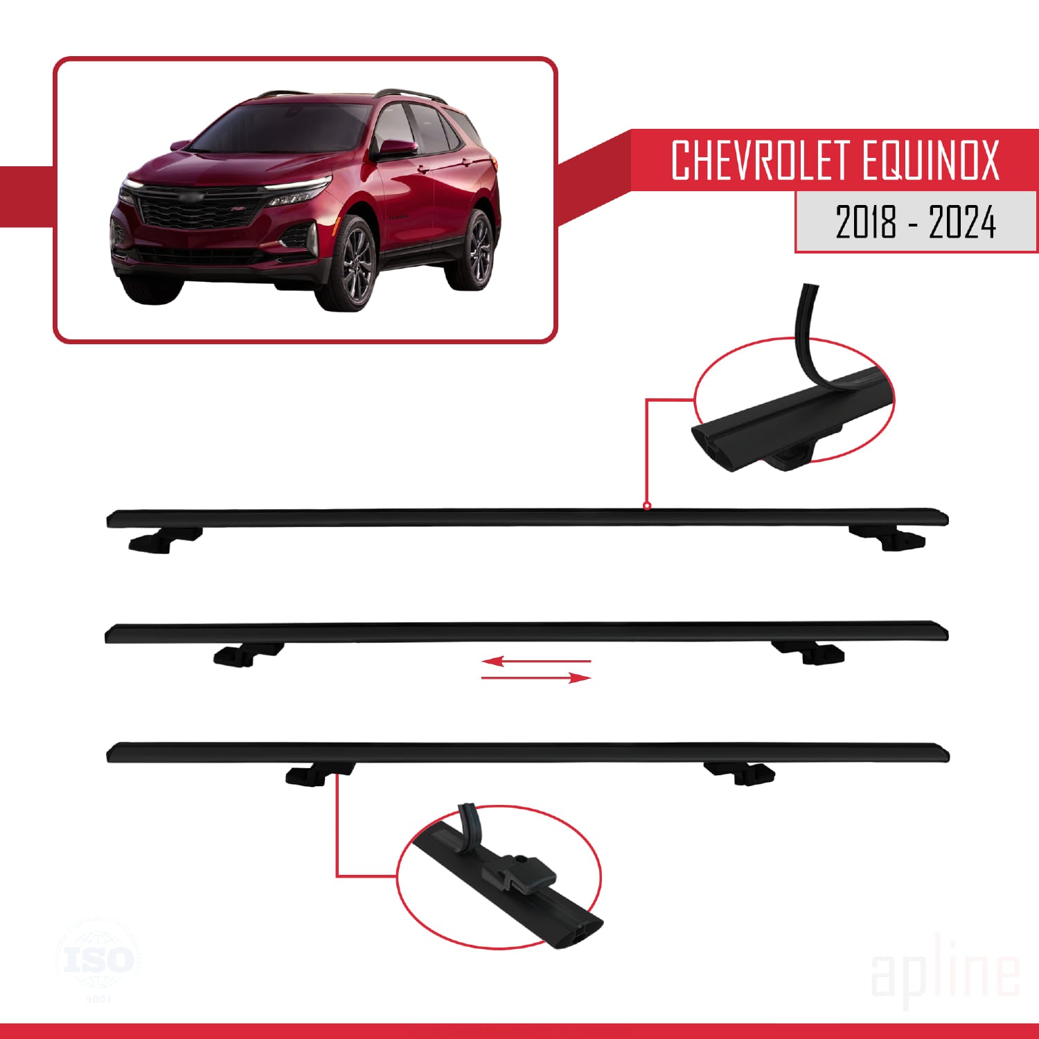 Compatible avec Chevrolet Equinox 2018-2024 BASIC Model Barres de Toit Railing Porte-Bagages de Voiture Noir Aluminium 3 Barres