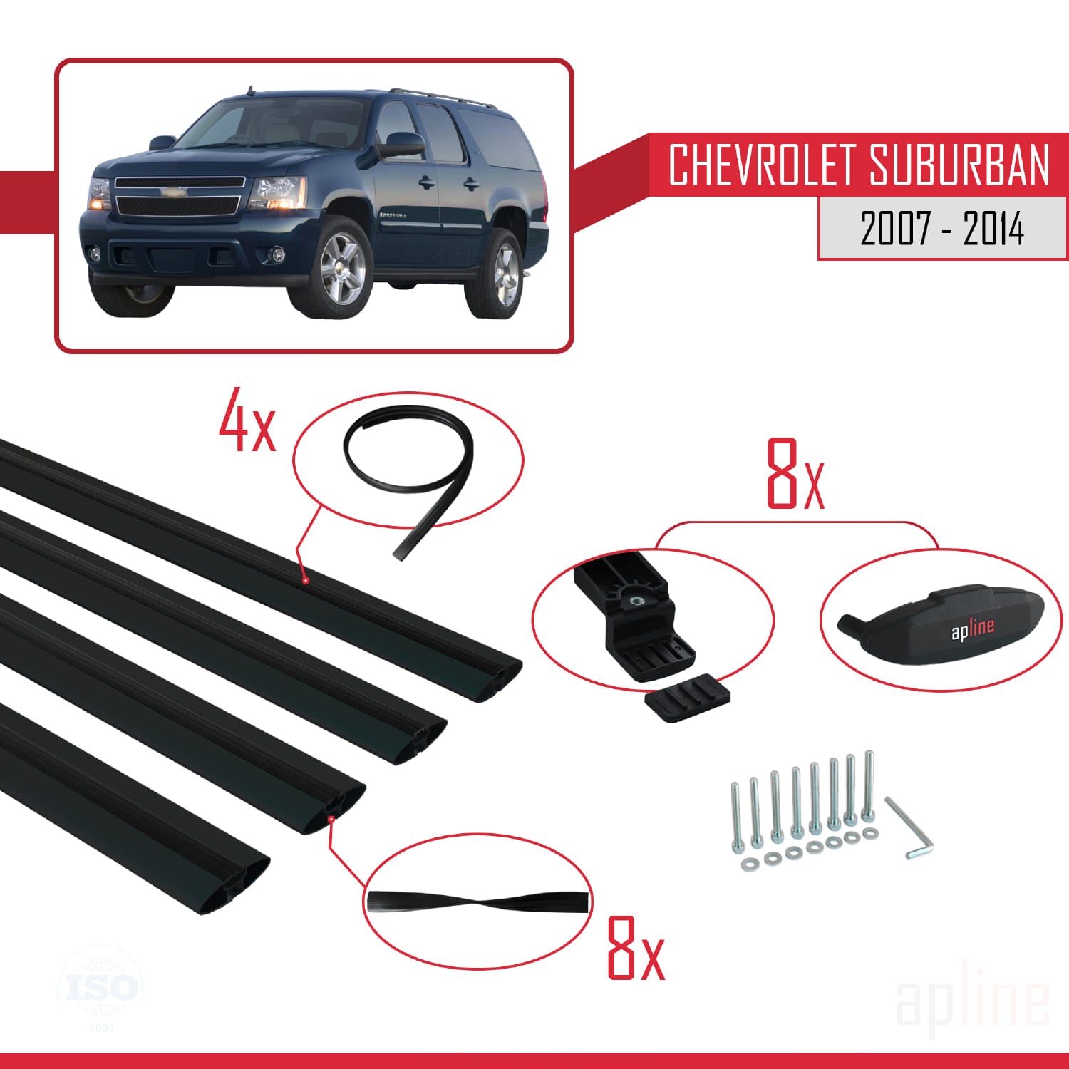 Compatible avec Chevrolet Suburban 2007-2014 BASIC Model Barres de Toit Railing Porte-Bagages de Voiture Noir Aluminium 4 Barres