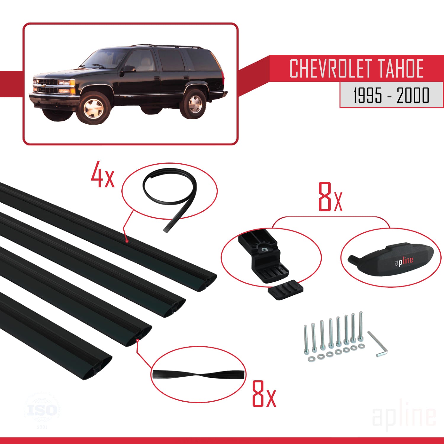 Compatible avec Chevrolet Tahoe 1995-2000 BASIC Model Barres de Toit Railing Porte-Bagages de Voiture Noir Aluminium 4 Barres