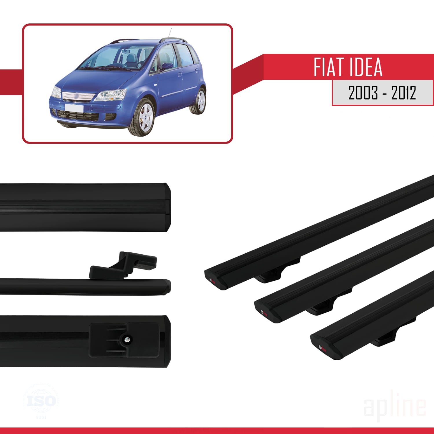 Compatible avec Fiat Idea 2003-2012 BASIC Model Barres de Toit Railing Porte-Bagages de Voiture Noir Aluminium 3 Barres
