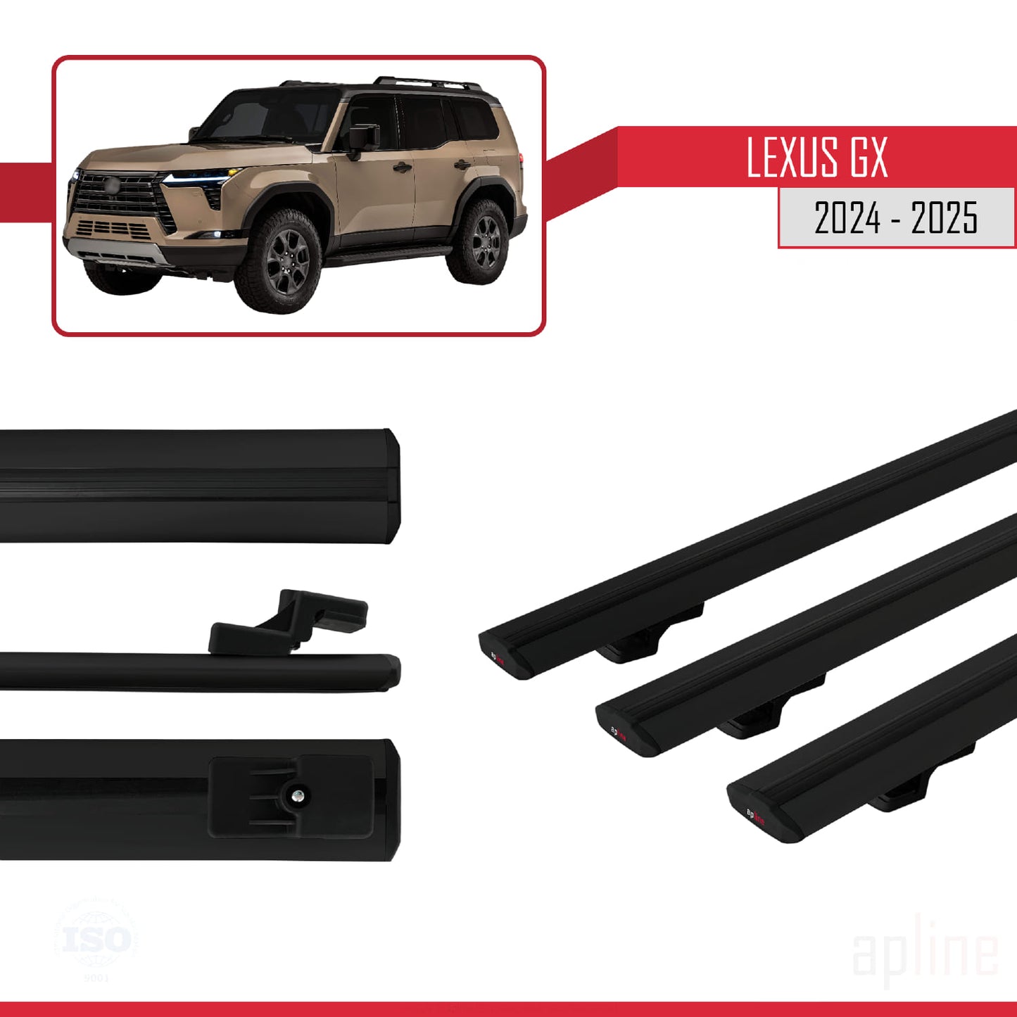 Compatible avec Lexus GX 2024-2025 BASIC Model Barres de Toit Railing Porte-Bagages de Voiture Noir Aluminium 3 Barres