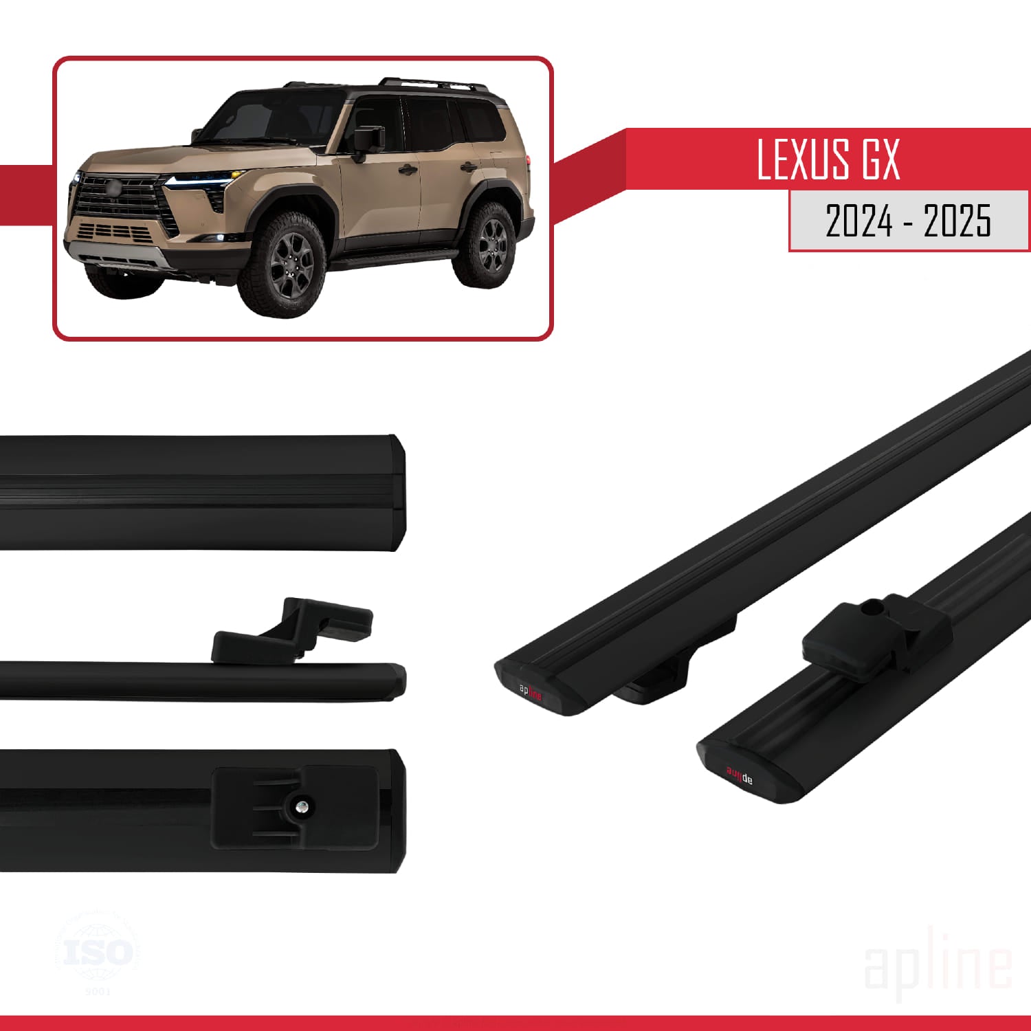 Compatible avec Lexus GX 2024-2025 BASIC Model Barres de Toit Railing Porte-Bagages de Voiture Noir Aluminium 2 Barres