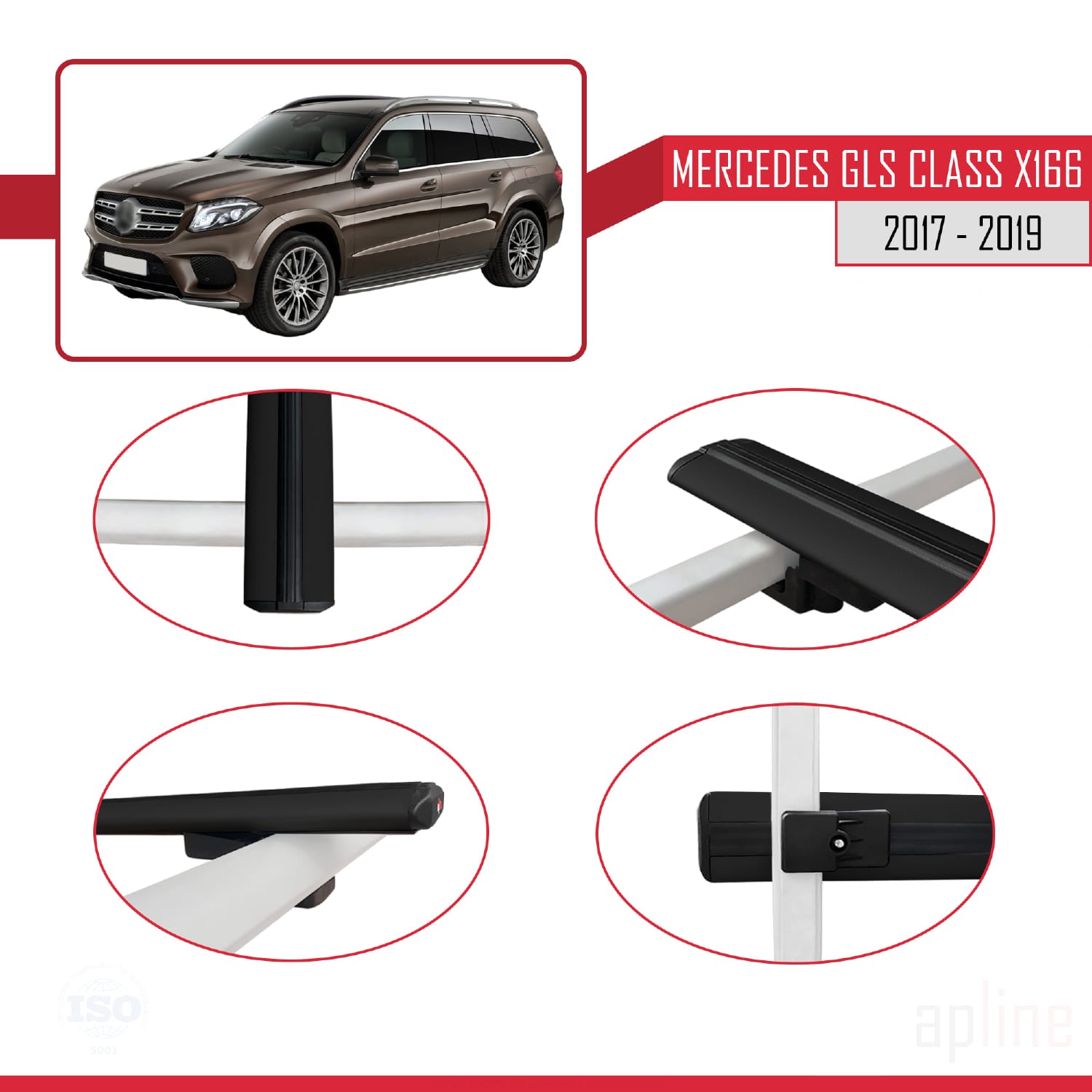 Compatible avec Mercedes GLS Class X166 2017-2019 BASIC Model Barres de Toit Railing Porte-Bagages de Voiture Noir Aluminium 2 Barres