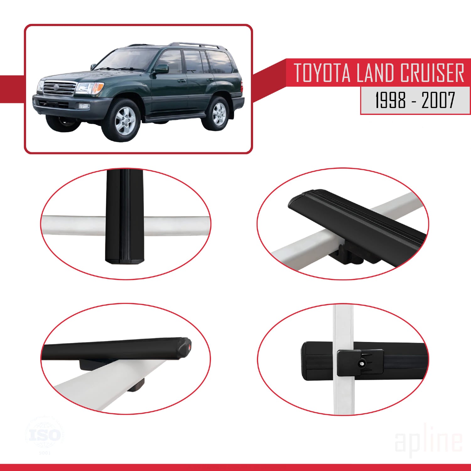 Compatible avec Toyota Land Cruiser 1998-2007 BASIC Model Barres de Toit Railing Porte-Bagages de Voiture Noir Aluminium 2 Barres