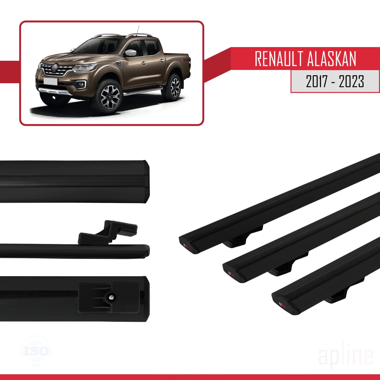 Compatible avec Renault Alaskan 2017-2023 BASIC Model Barres de Toit Railing Porte-Bagages de Voiture Noir Aluminium 3 Barres