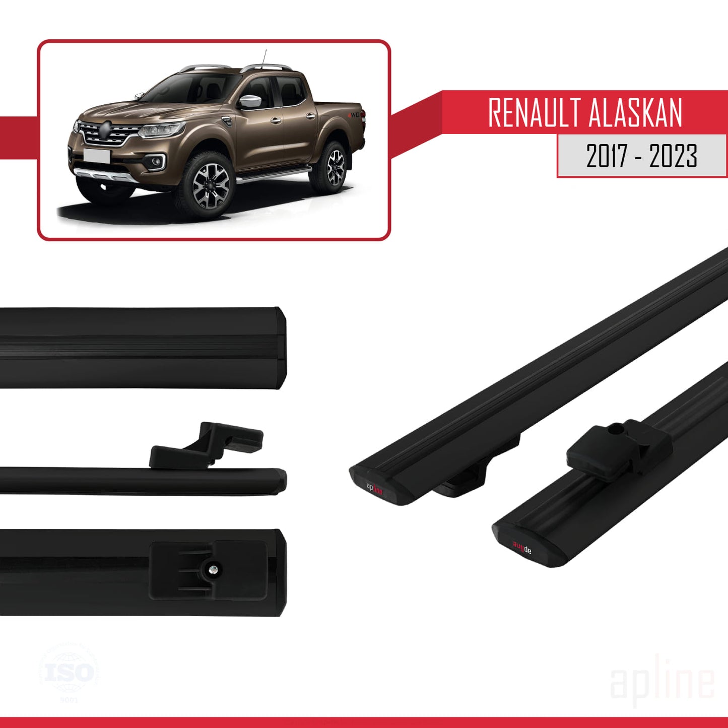 Compatible avec Renault Alaskan 2017-2023 BASIC Model Barres de Toit Railing Porte-Bagages de Voiture Noir Aluminium 2 Barres