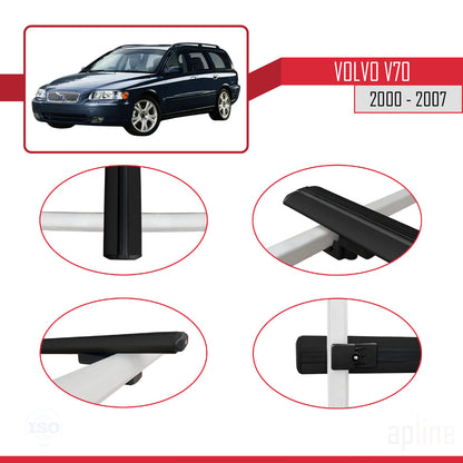 Compatible avec Volvo V70 2000-2007 BASIC Model Barres de Toit Railing Porte-Bagages de Voiture Noir Aluminium 2 Barres