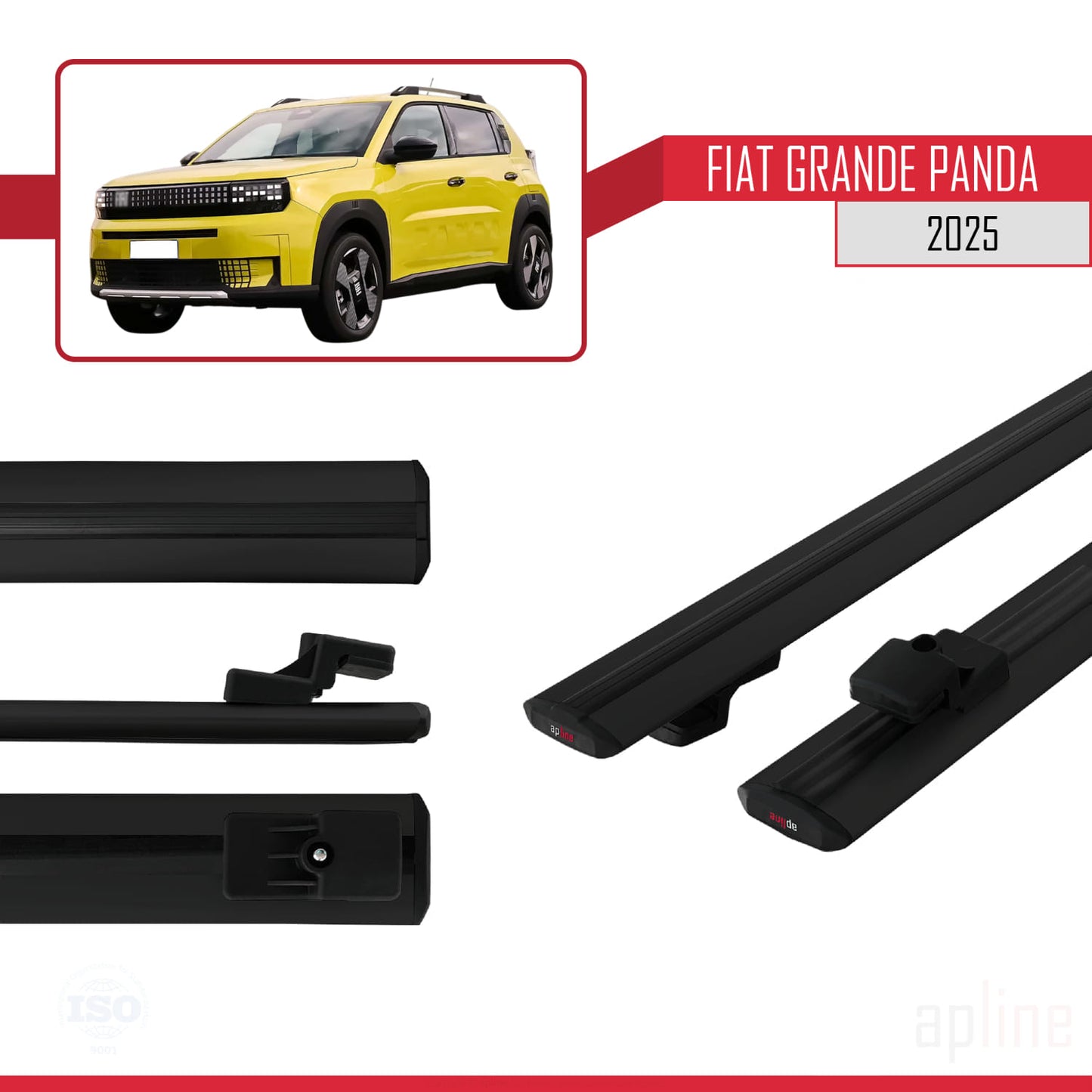 Compatible avec Fiat Grande Panda 2025-2025 BASIC Model Barres de Toit Railing Porte-Bagages de Voiture Noir Aluminium 2 Barres