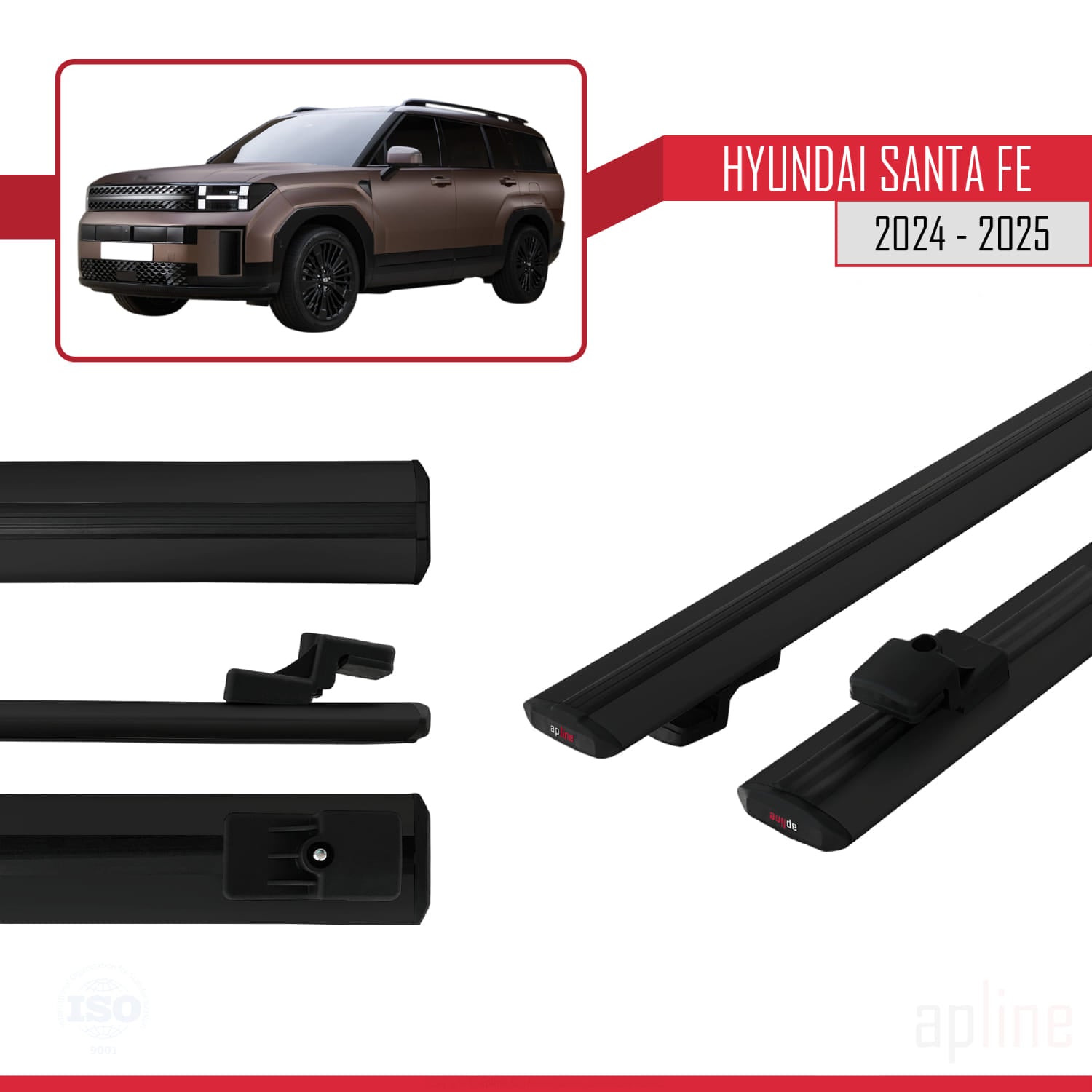 Compatible avec Hyundai Santa Fe 2024-2025 BASIC Model Barres de Toit Railing Porte-Bagages de Voiture Noir Aluminium 2 Barres