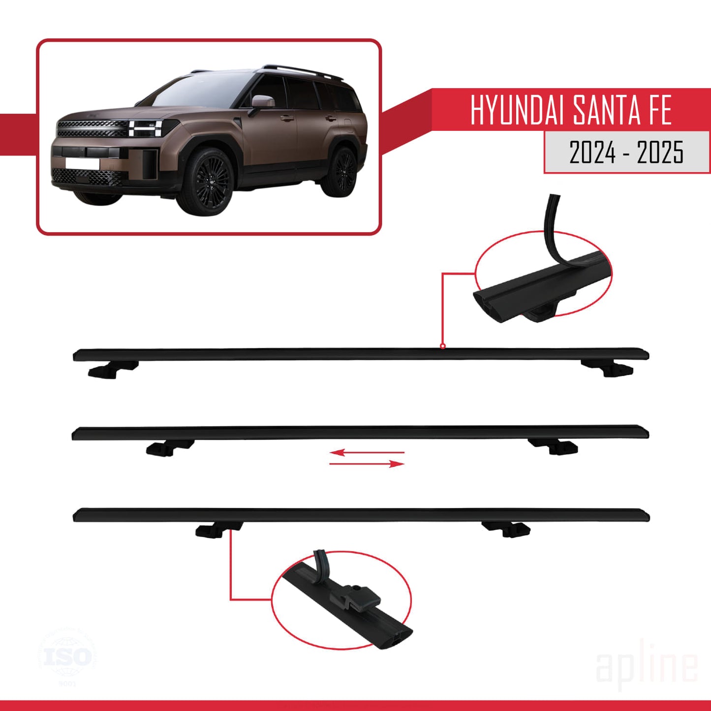 Compatible avec Hyundai Santa Fe 2024-2025 BASIC Model Barres de Toit Railing Porte-Bagages de Voiture Noir Aluminium 2 Barres