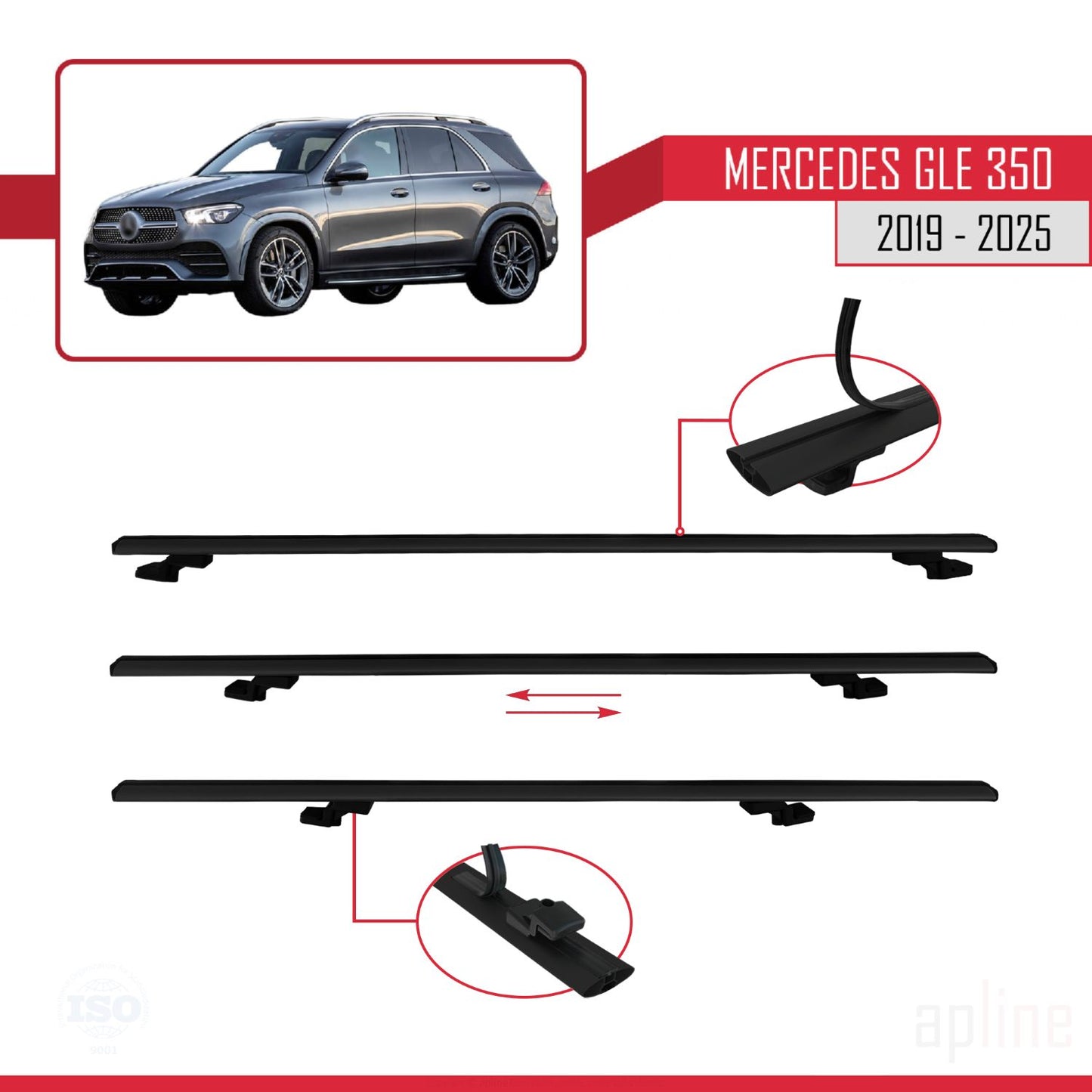 Compatible avec Mercedes GLE Class 4 (W167) 2019-2025 BASIC Model Barres de Toit Railing Porte-Bagages de Voiture Noir Aluminium 3 Barres