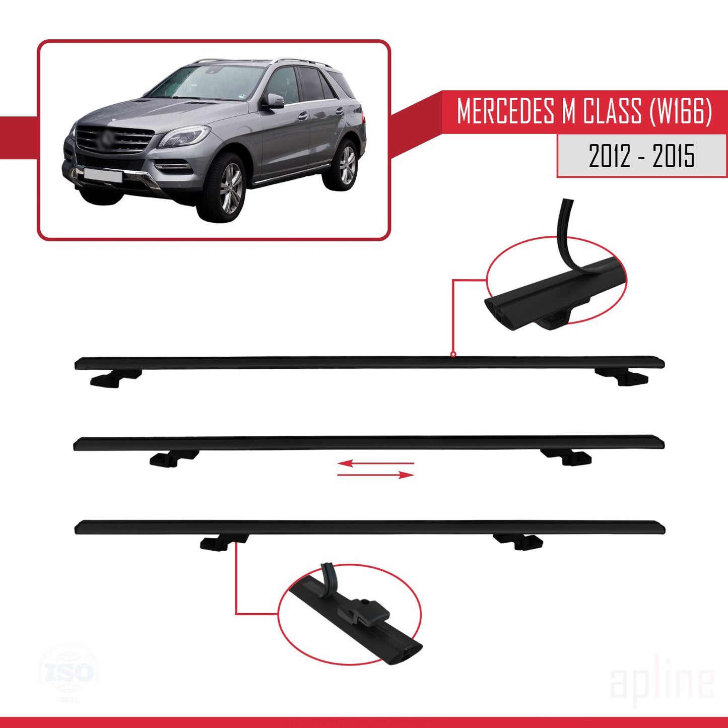 Compatible avec Mercedes M Class 3 (W166) Pre-Facelift 2012-2015 BASIC Model Barres de Toit Railing Porte-Bagages de Voiture Noir Aluminium 3 Barres