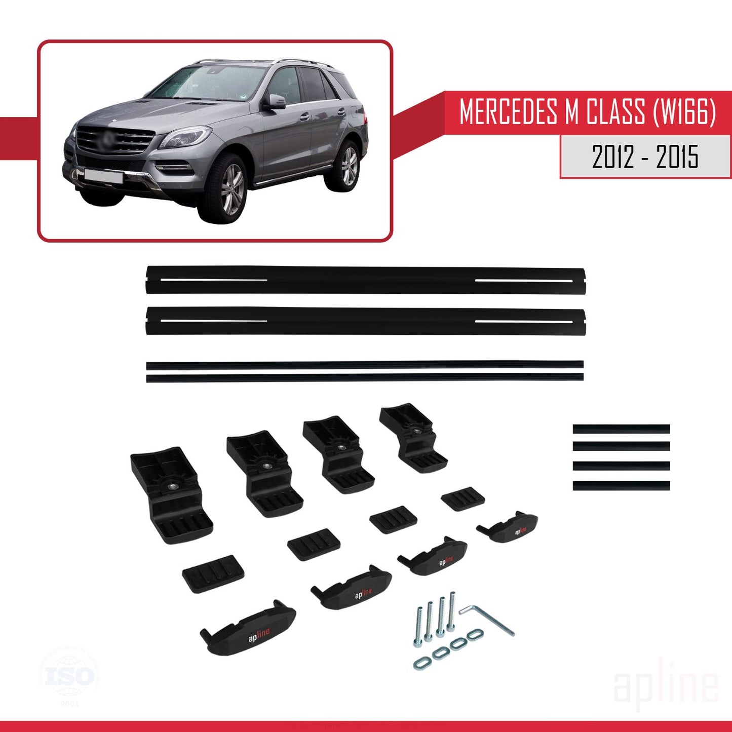 Compatible avec Mercedes M Class 3 (W166) Pre-Facelift 2012-2015 BASIC Model Barres de Toit Railing Porte-Bagages de Voiture Noir Aluminium 2 Barres
