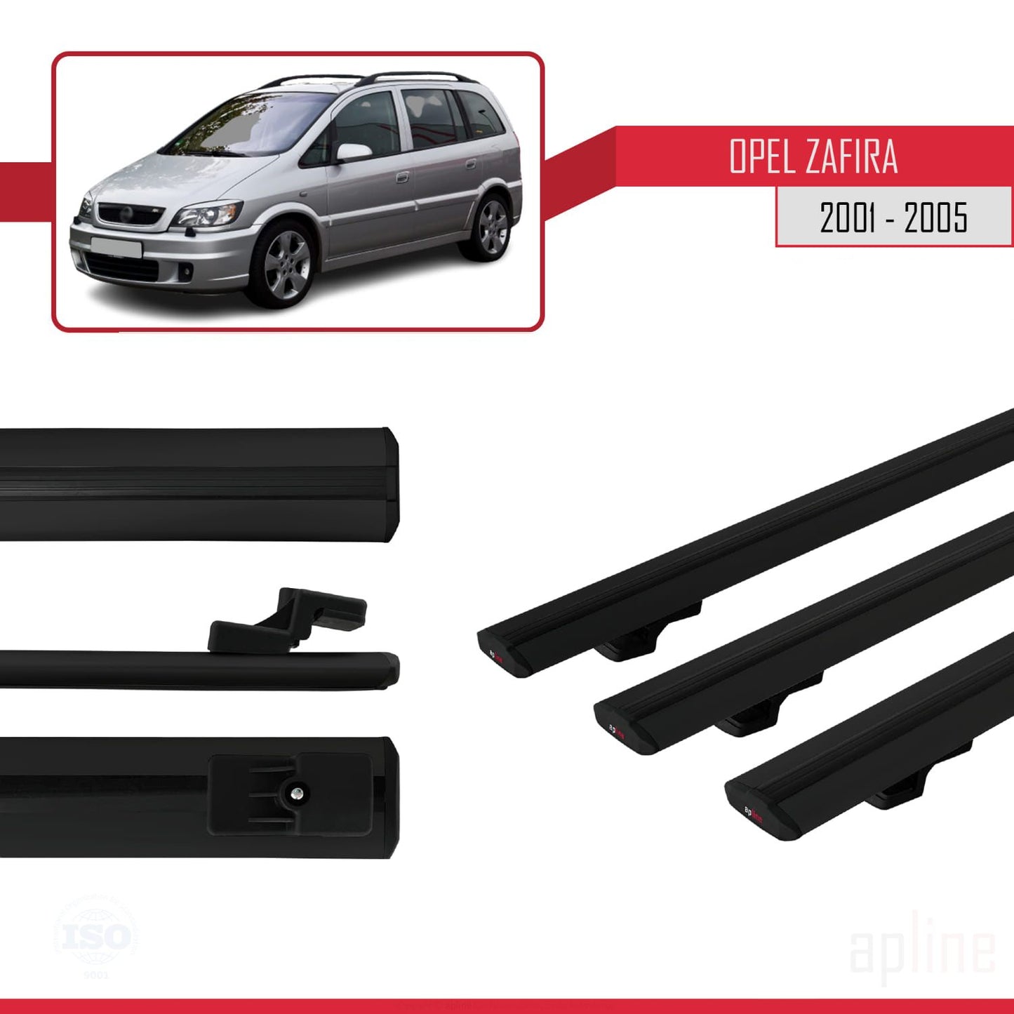 Compatible with Opel Zafira A (T98) 2001-2005 BASIC Model Car Roof Rack Cross Bar Black Aluminium 3 Bars