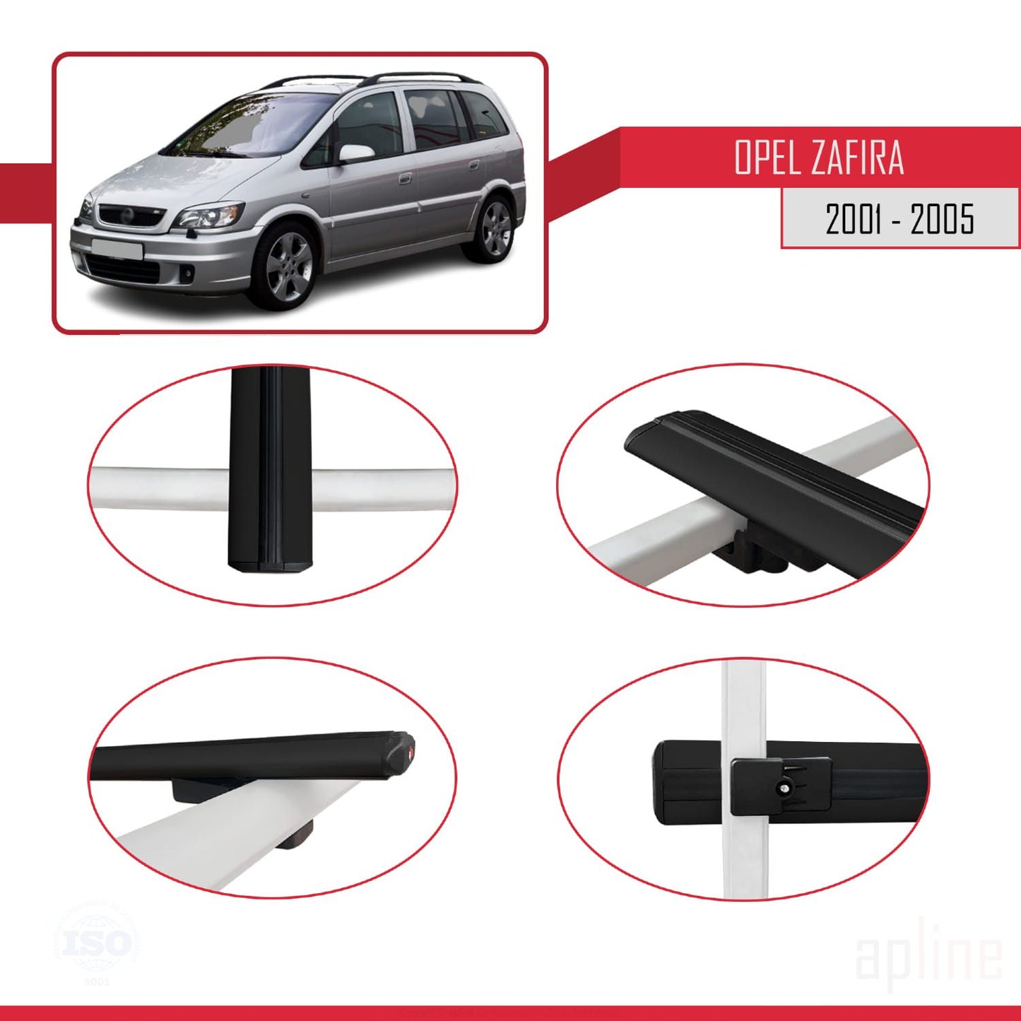 Compatible with Opel Zafira A (T98) 2001-2005 BASIC Model Car Roof Rack Cross Bar Black Aluminium 2 Bars