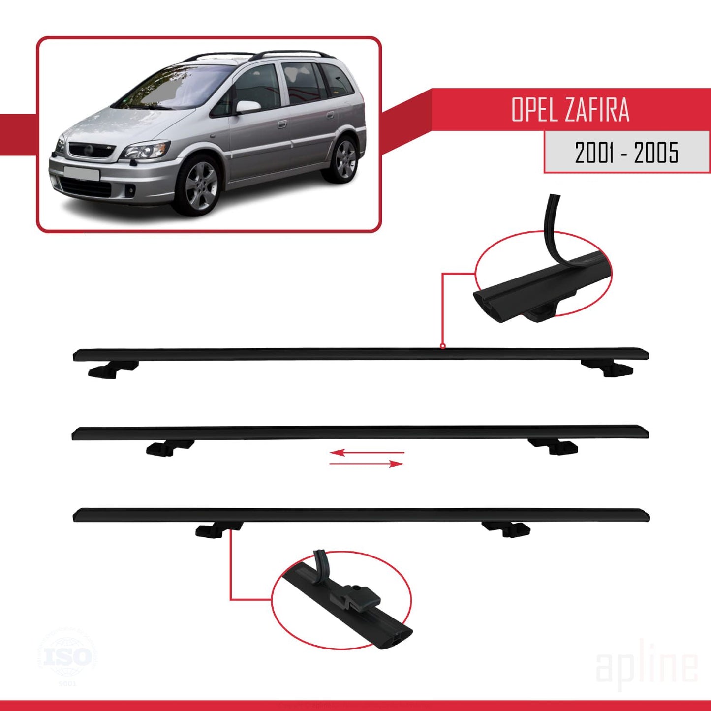 Compatible with Opel Zafira A (T98) 2001-2005 BASIC Model Car Roof Rack Cross Bar Black Aluminium 2 Bars