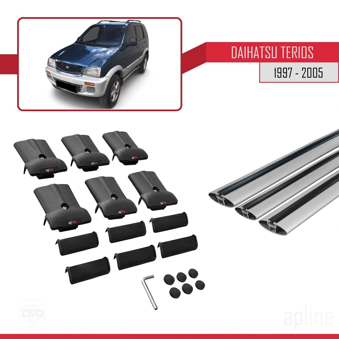Compatibile con Daihatsu Terios (J100) 1997-2005 modello FLY Barre portatutto per auto Portapacchi in alluminio grigio 3 barre