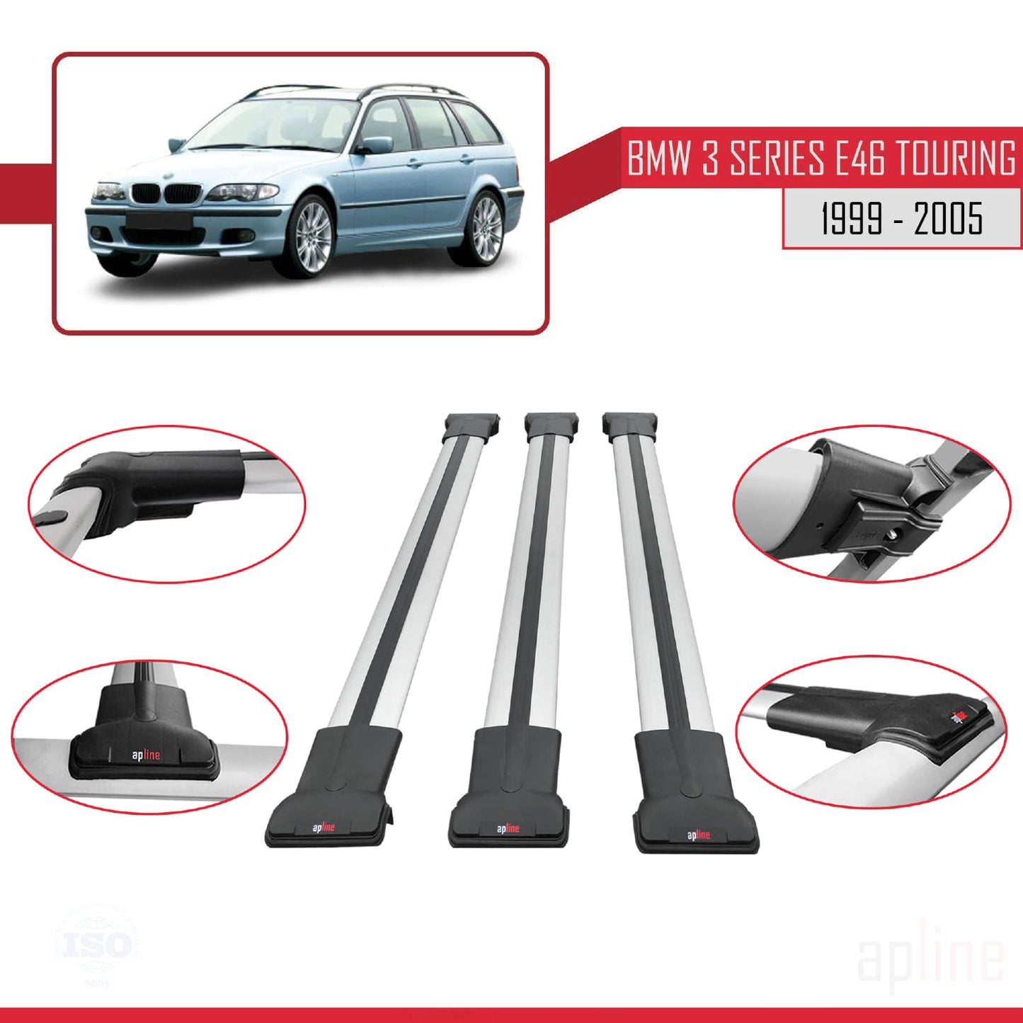Compatibile con BMW Serie 3 (E46) Touring 1999-2005 Modello FLY Barre portatutto per auto Portapacchi in alluminio grigio 3 barre