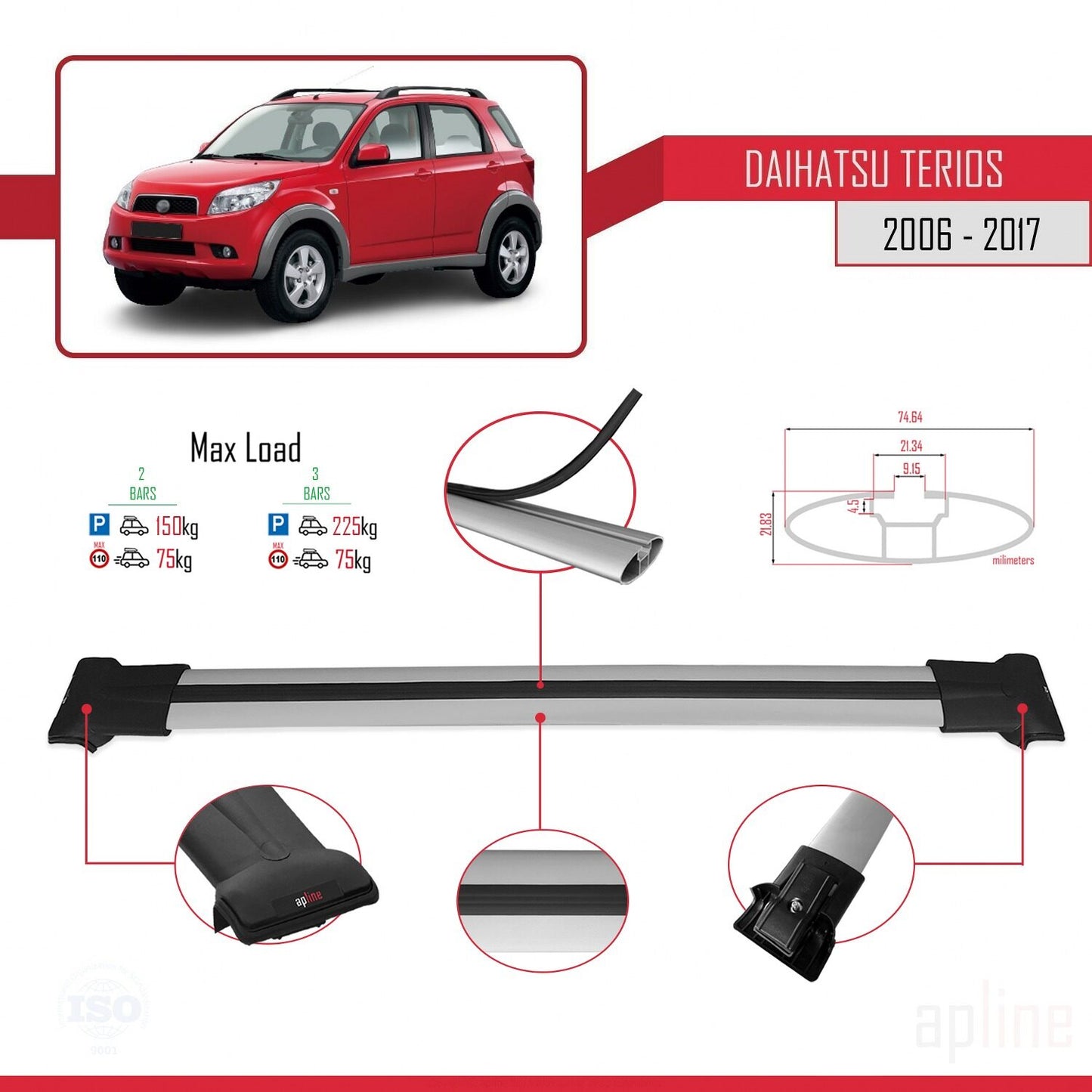 Compatible avec Daihatsu Terios 2 (J200) 2006-2017 FLY Model Barres de Toit Railing Porte-Bagages de Voiture Gris Aluminium 2 Barres