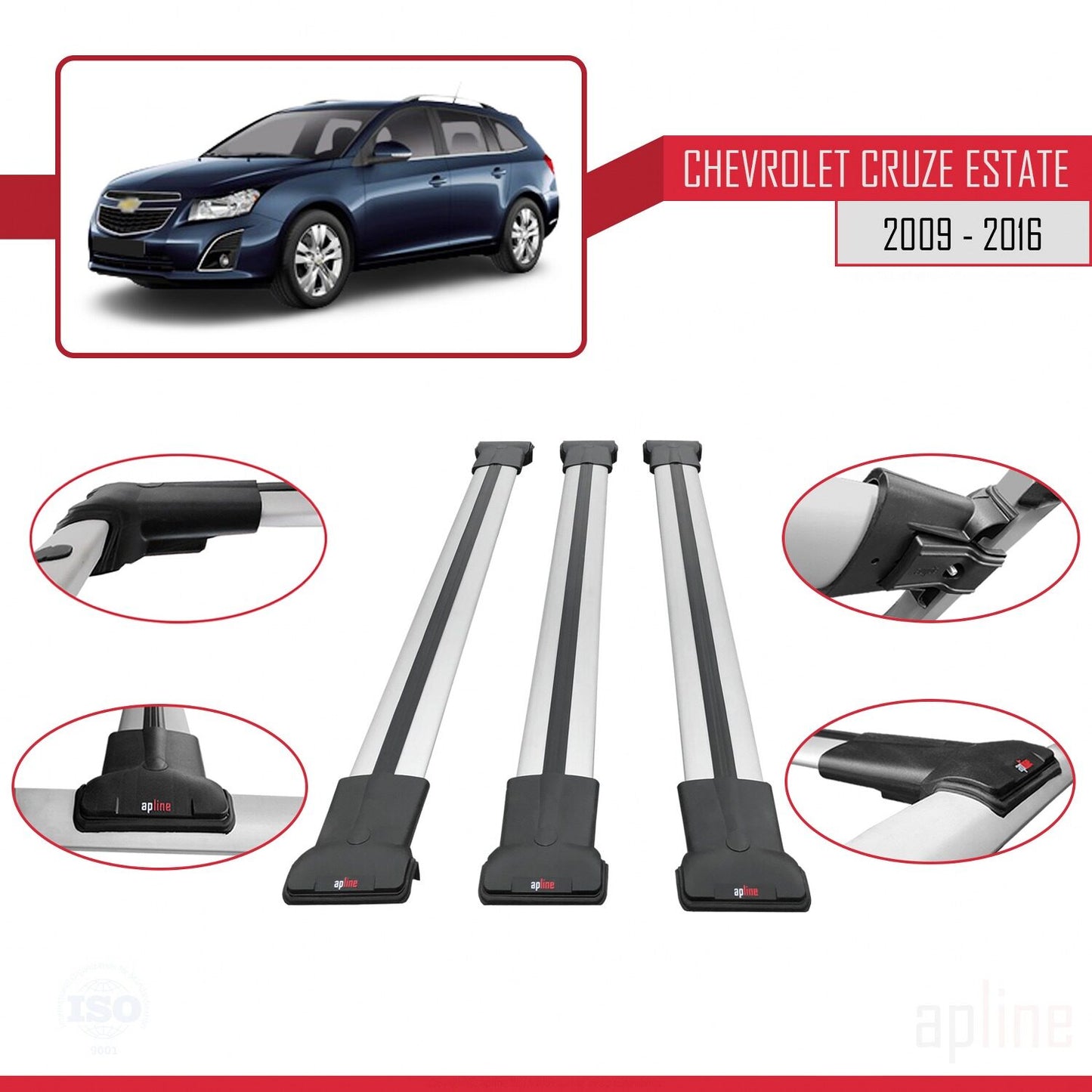 Compatible avec Chevrolet Cruze (J300) 2009-2016 FLY Model Barres de Toit Railing Porte-Bagages de Voiture Gris Aluminium 3 Barres