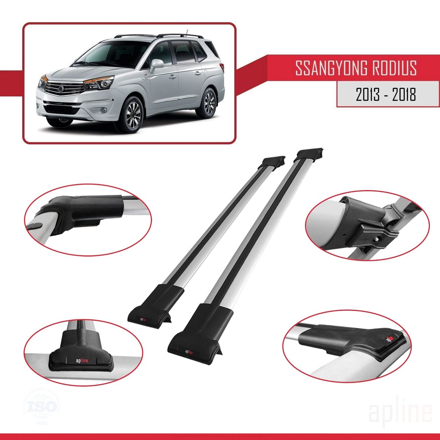 Compatible avec Ssangyong Rodius 2 2013-2018 FLY Model Barres de Toit Railing Porte-Bagages de Voiture Gris Aluminium 2 Barres