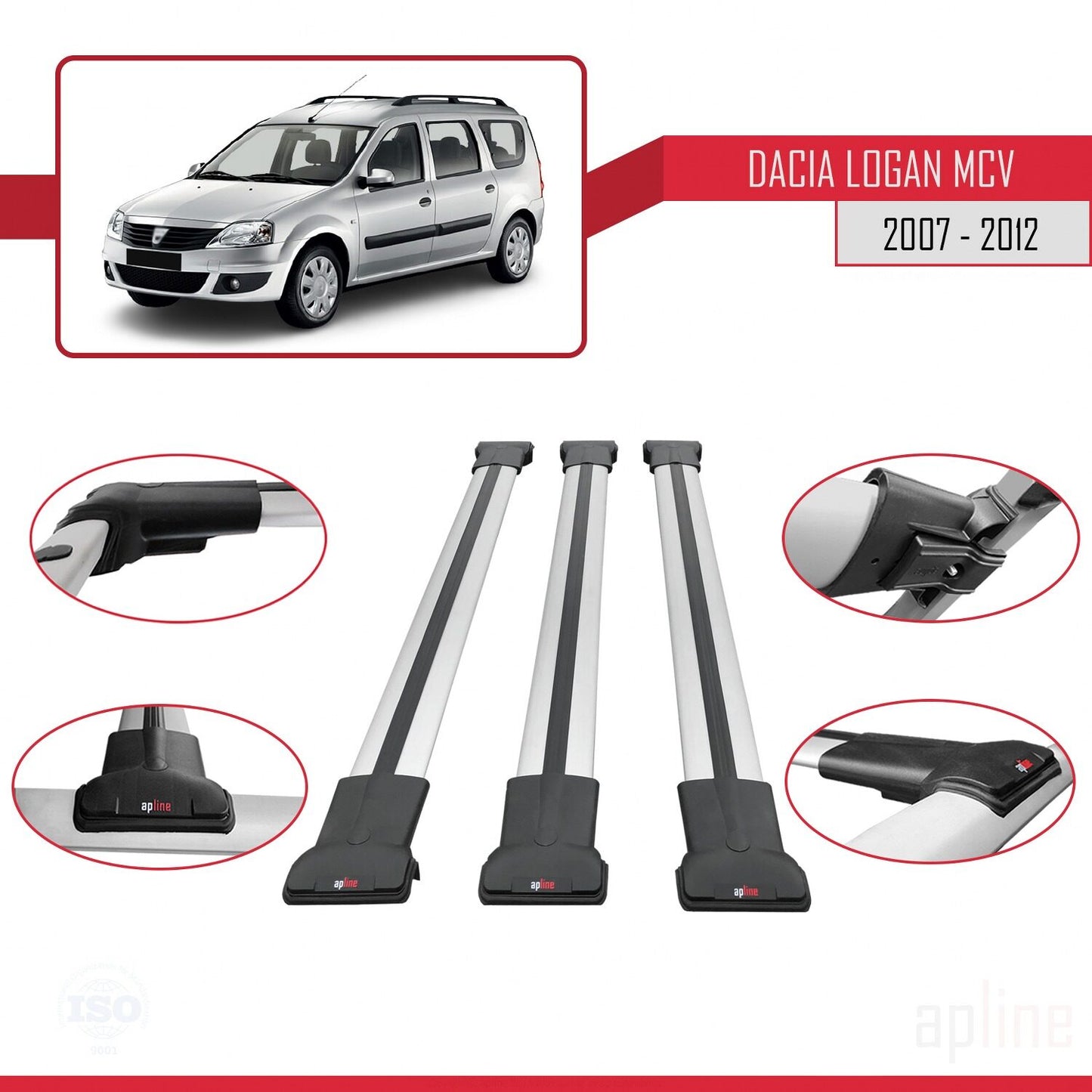 Compatibile con Dacia Logan 2 MCV (K52) 2007-2012 modello FLY Barre portatutto per auto Portapacchi in alluminio grigio 3 barre