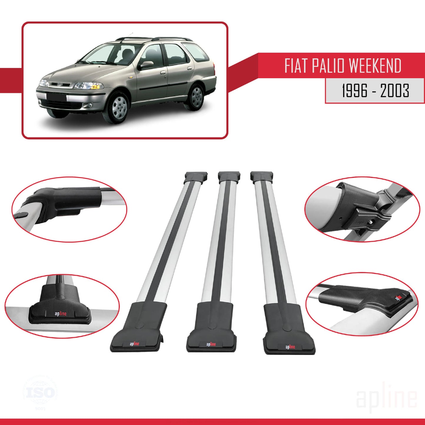 Compatibile con Fiat Palio (178) Weekend 1996-2003 Modello FLY Barre Portatutto Railing Portapacchi Auto Alluminio Grigio 3 Barre