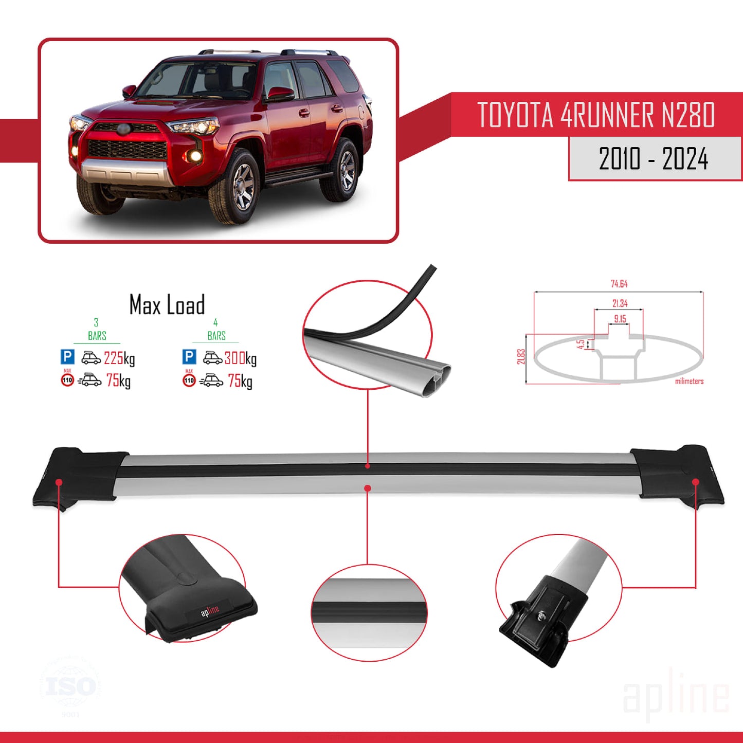 Compatible avec Toyota 4Runner (N280) 2010-2024 FLY Model Barres de Toit Railing Porte-Bagages de Voiture Gris Aluminium 3 Barres