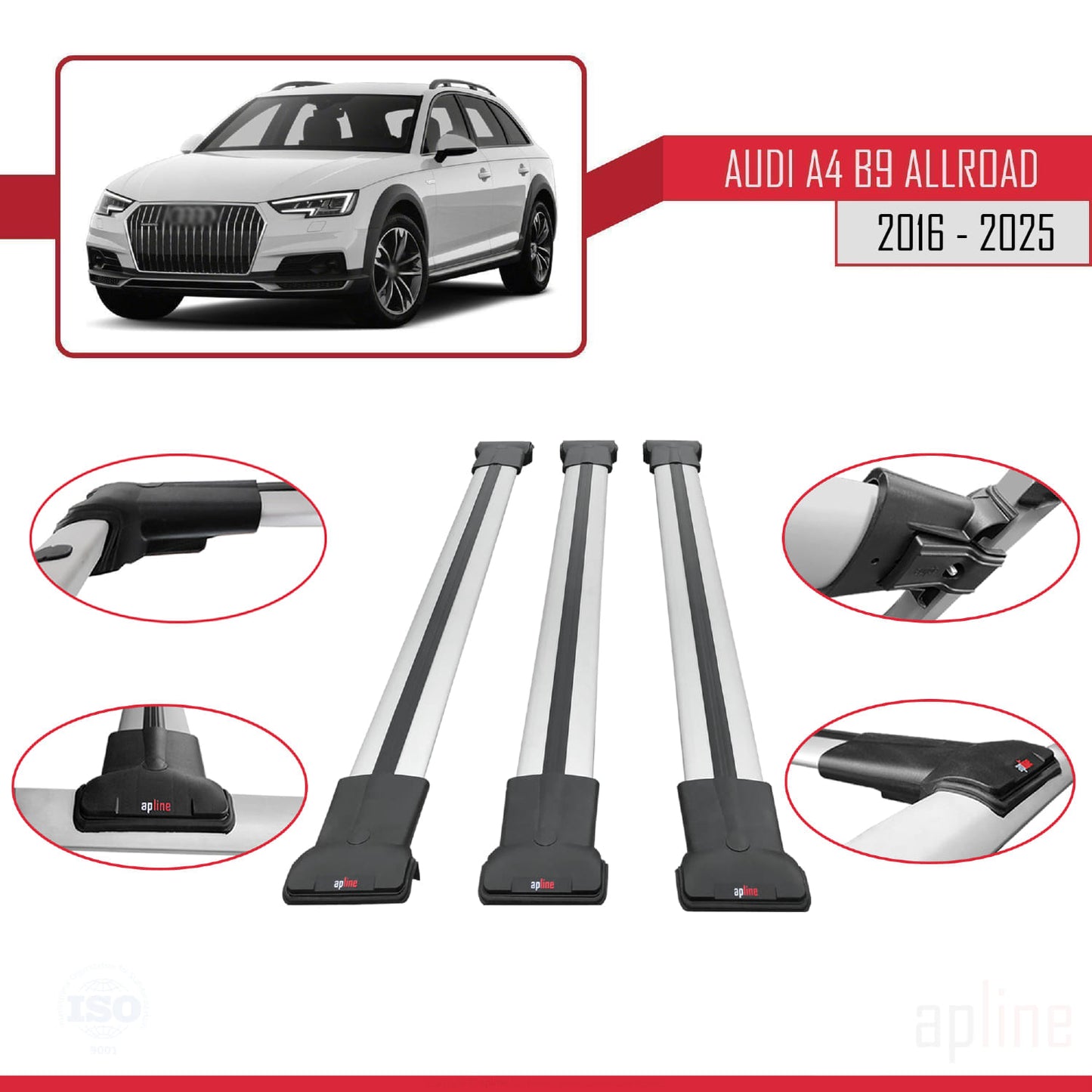 Compatibile con A4 (B9) Allroad 2016-2025 modello FLY Barre portatutto per auto Portapacchi in alluminio grigio 3 barre