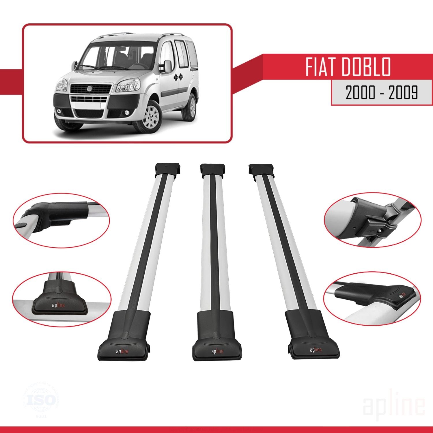 Compatible avec Fiat Doblo 2000-2009 V2 FLY Model Barres de Toit Railing Porte-Bagages de Voiture Gris Aluminium 3 Barres