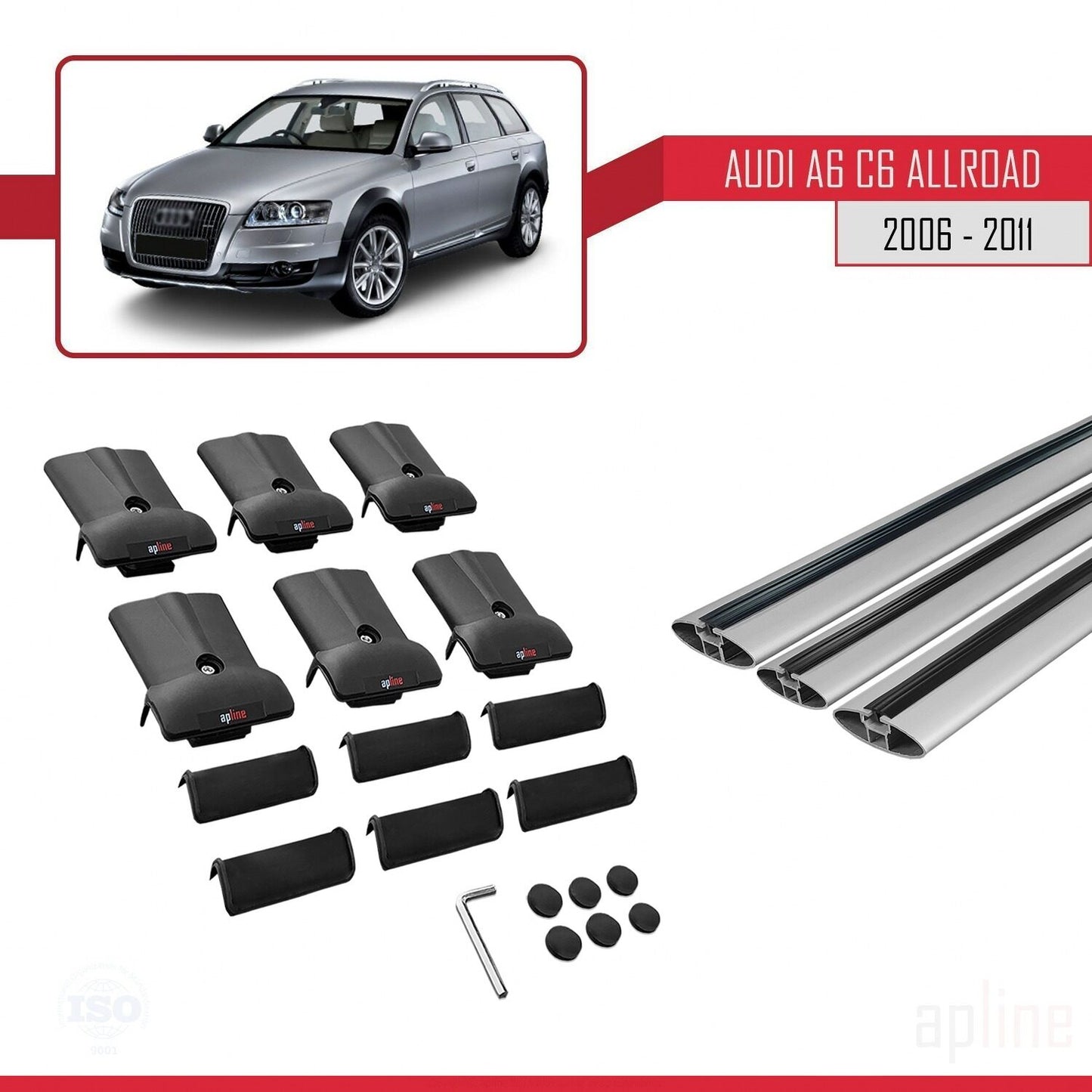 Kompatibel mit Audi A6 (C6) Allroad 2006-2011 FLY Modell Dachgepäckträger, graues Aluminium, 3-Stangen