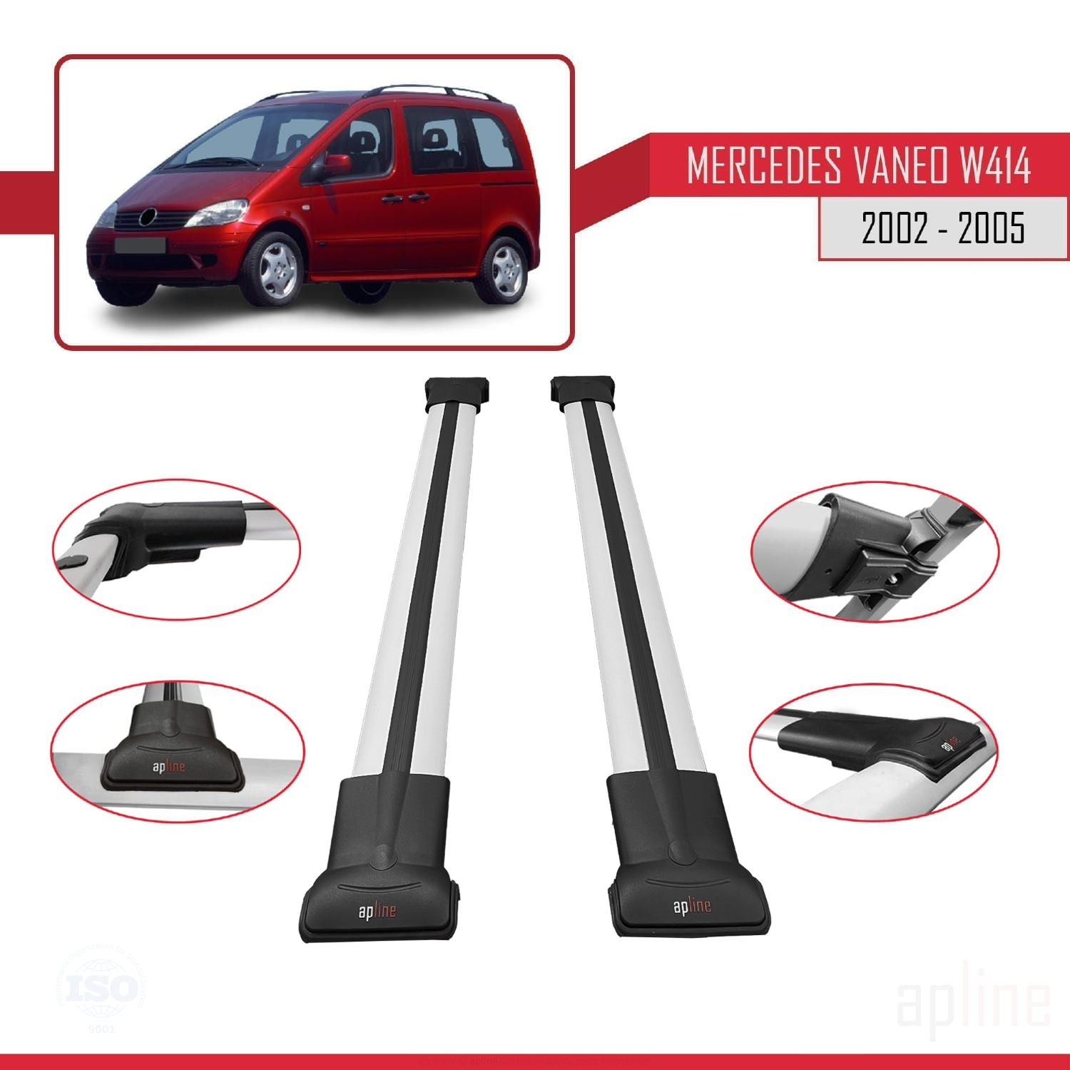 Compatible avec Mercedes Vaneo (W414) 2002-2005 FLY Model Barres de Toit Railing Porte-Bagages de Voiture Gris Aluminium 2 Barres