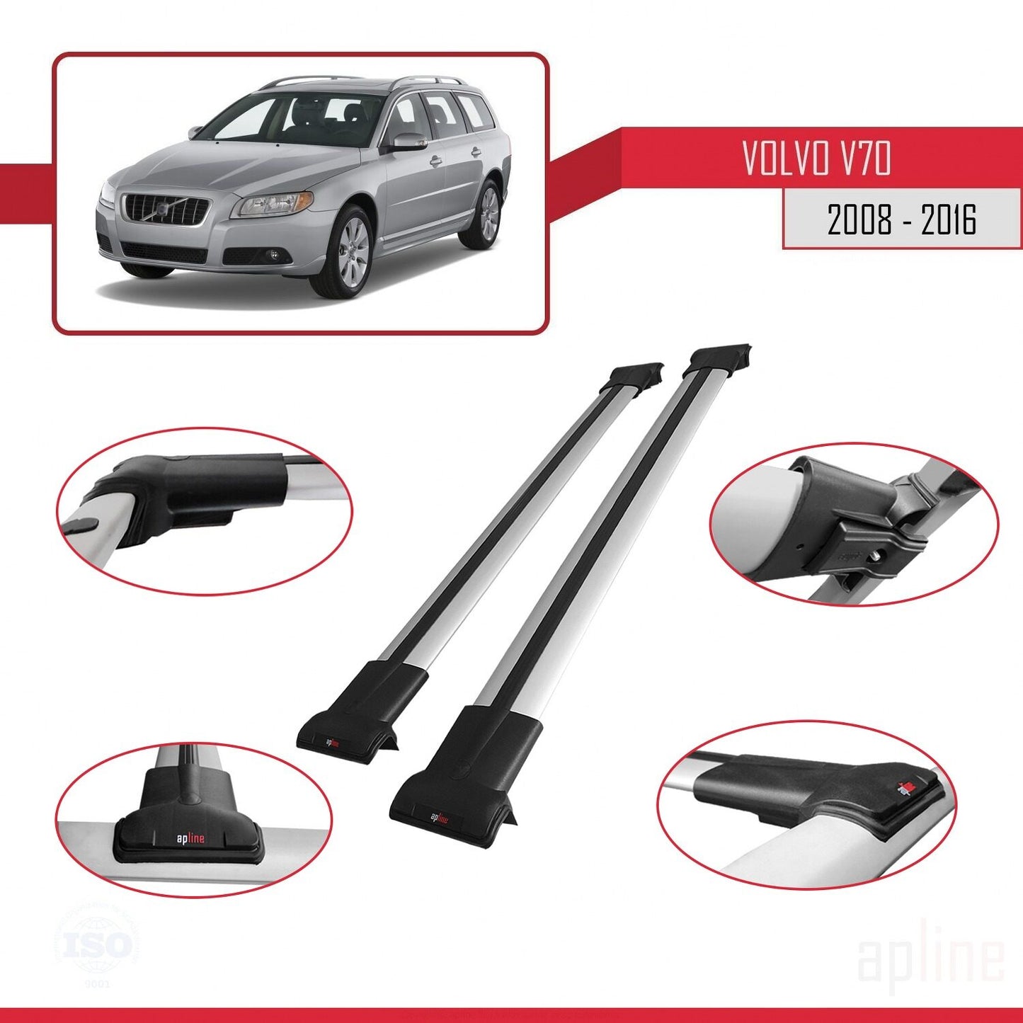 Compatible avec Volvo V70 III 2008-2016 FLY Model Barres de Toit Railing Porte-Bagages de Voiture Gris Aluminium 2 Barres