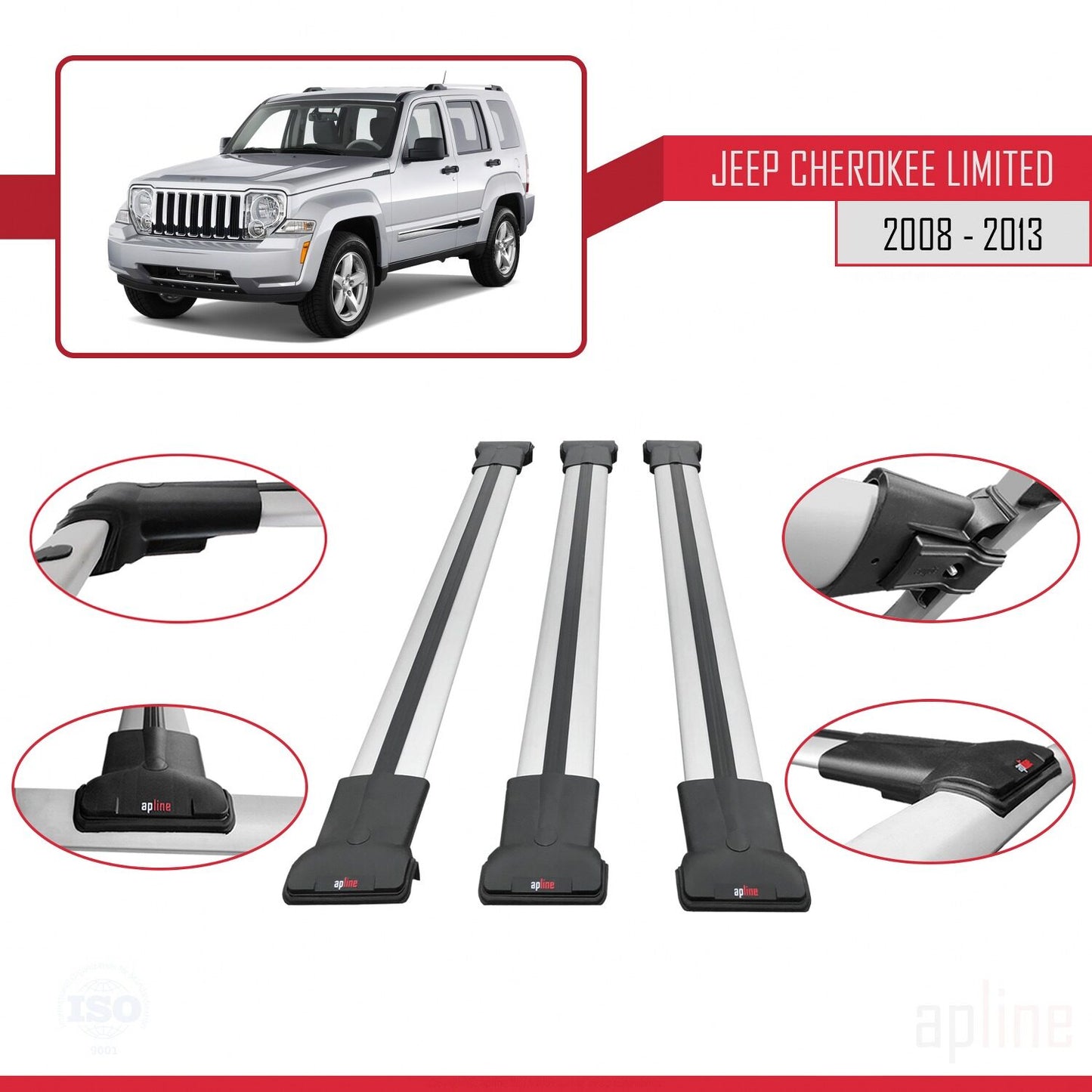Compatible avec Jeep Cherokee 4 (KK) 2008-2013 FLY Model Barres de Toit Railing Porte-Bagages de Voiture Gris Aluminium 3 Barres