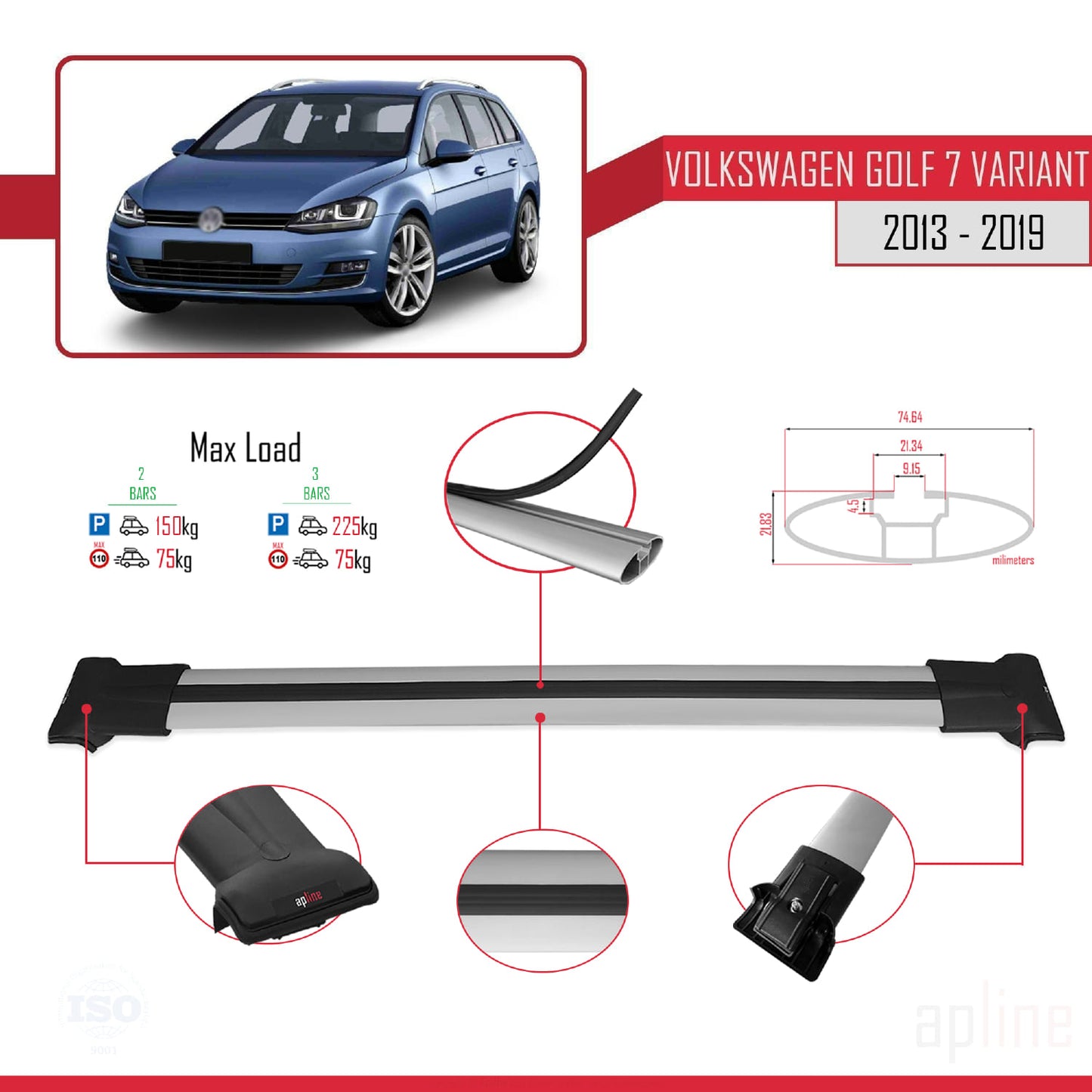 Compatible avec Volkswagen Golf 7 (5G) Variant 2013-2019 FLY Model Barres de Toit Railing Porte-Bagages de Voiture Gris Aluminium 2 Barres