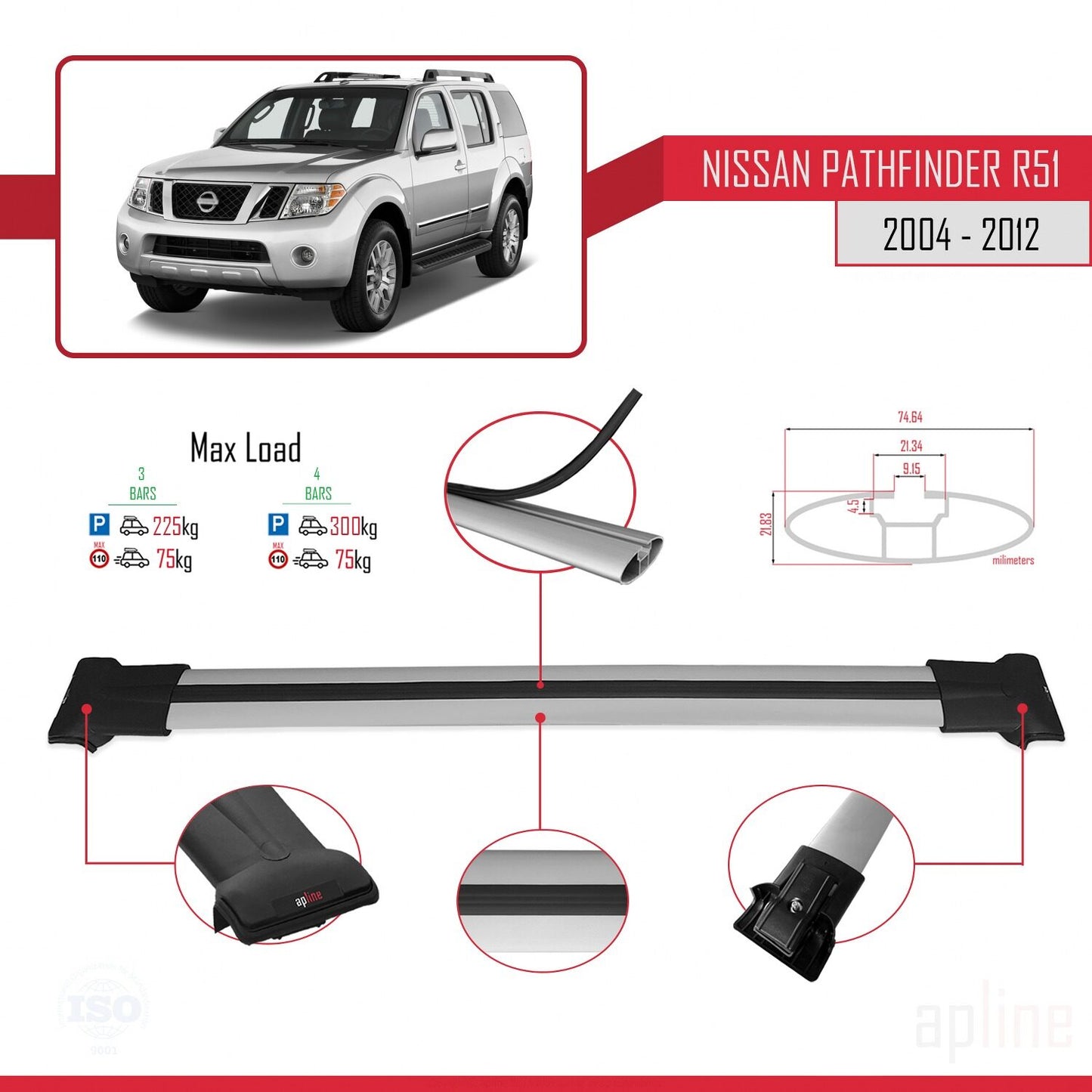 Compatible avec Nissan Pathfinder 3 (R51) 2004-2012 FLY Model Barres de Toit Railing Porte-Bagages de Voiture Gris Aluminium 3 Barres