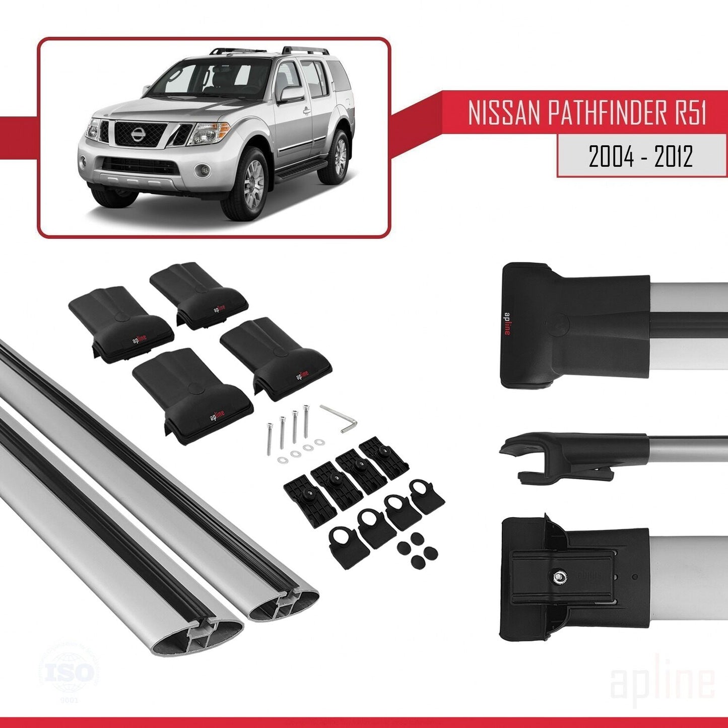 Compatible avec Nissan Pathfinder 3 (R51) 2004-2012 FLY Model Barres de Toit Railing Porte-Bagages de Voiture Gris Aluminium 2 Barres