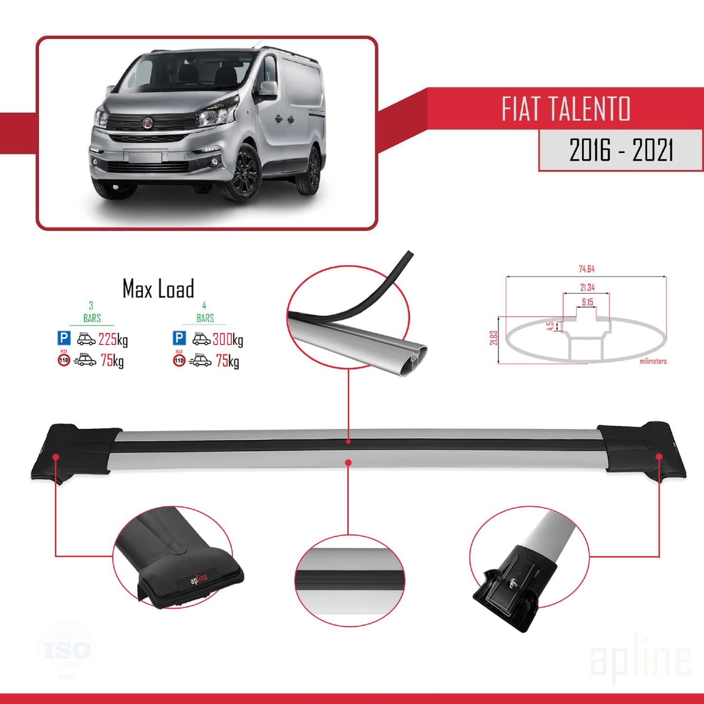 Compatible con Fiat Talento 2016-2021 FLY Model Barras de Techo Auto Portaequipajes Barras Transversales Gris Aluminio 4 Barras