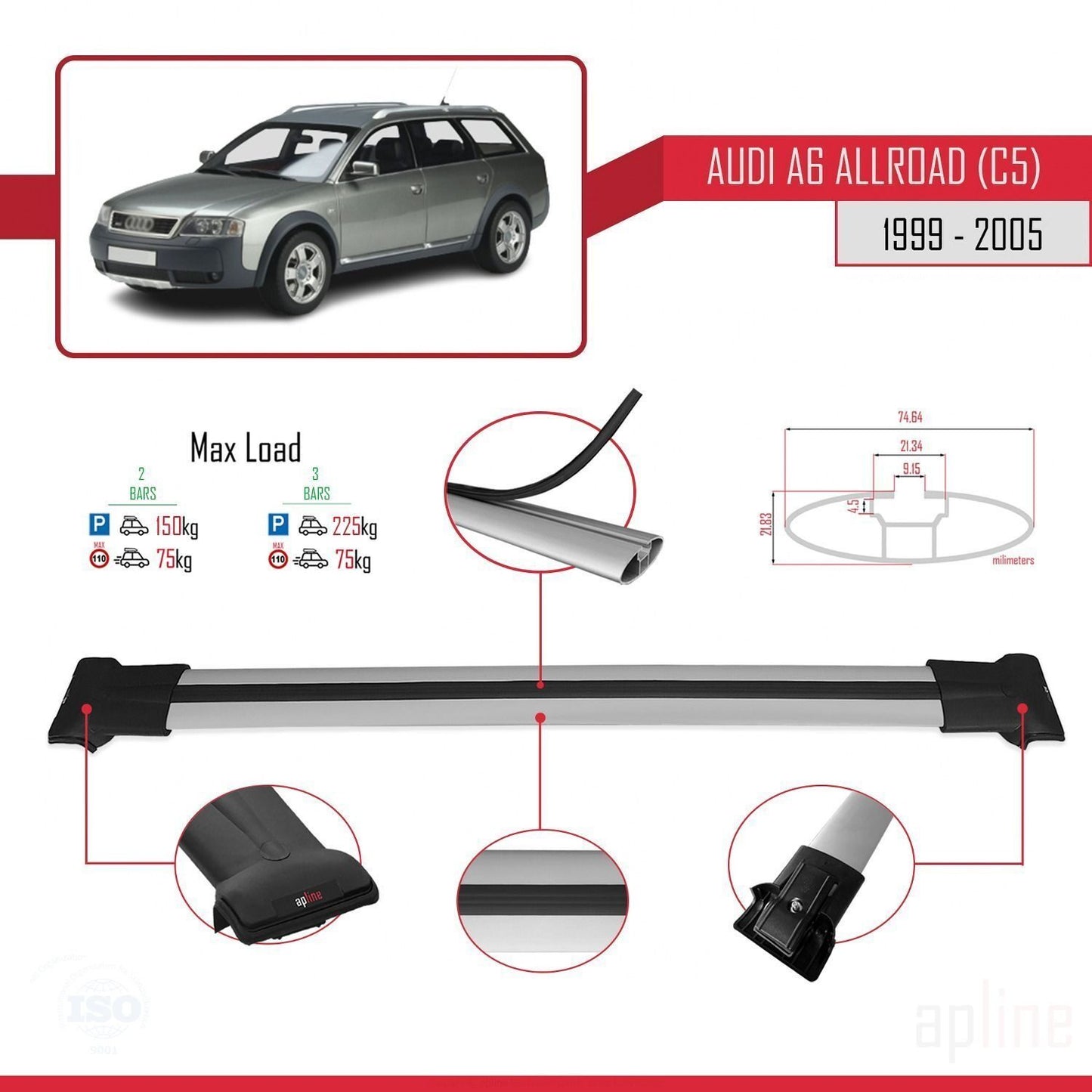 Compatibile con A6 (C5) Allroad 1999-2005 modello FLY Barre portatutto per auto Portapacchi in alluminio grigio 2 barre