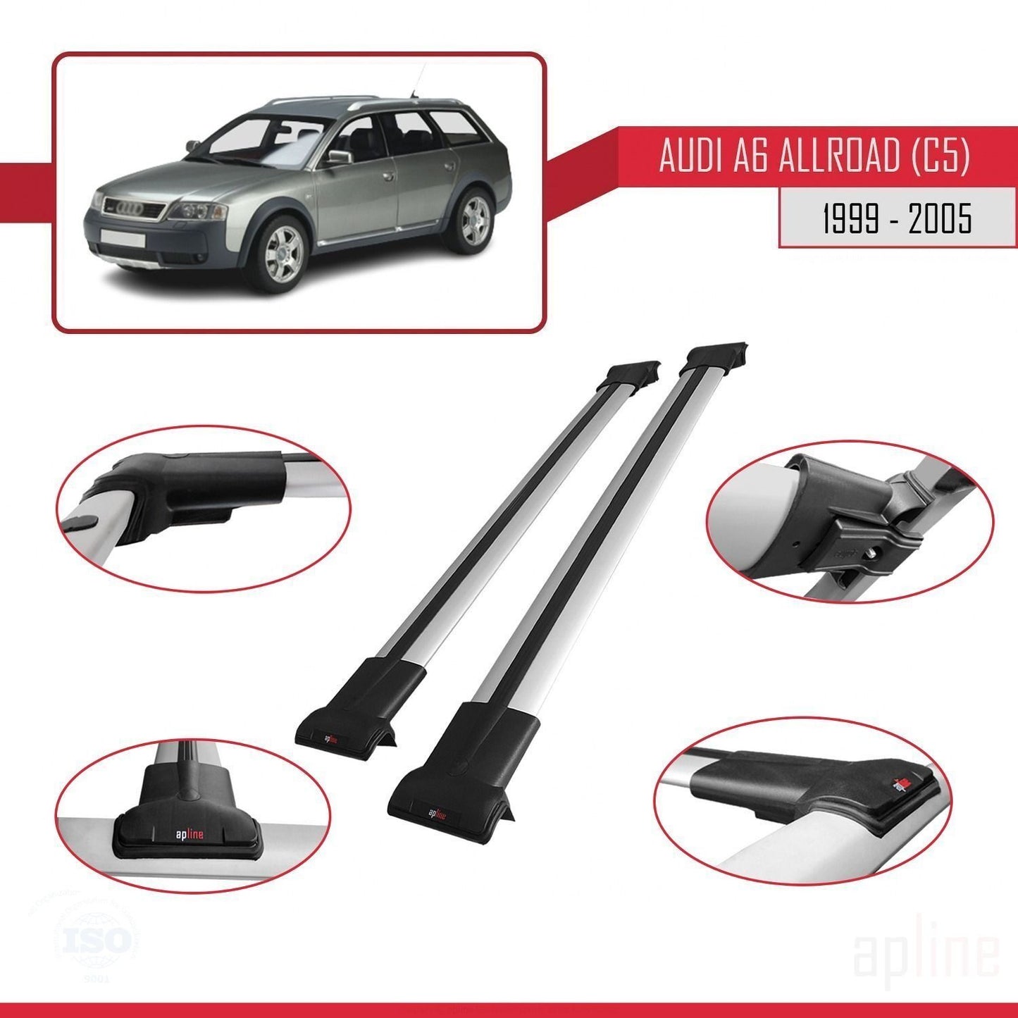Compatibile con A6 (C5) Allroad 1999-2005 modello FLY Barre portatutto per auto Portapacchi in alluminio grigio 2 barre
