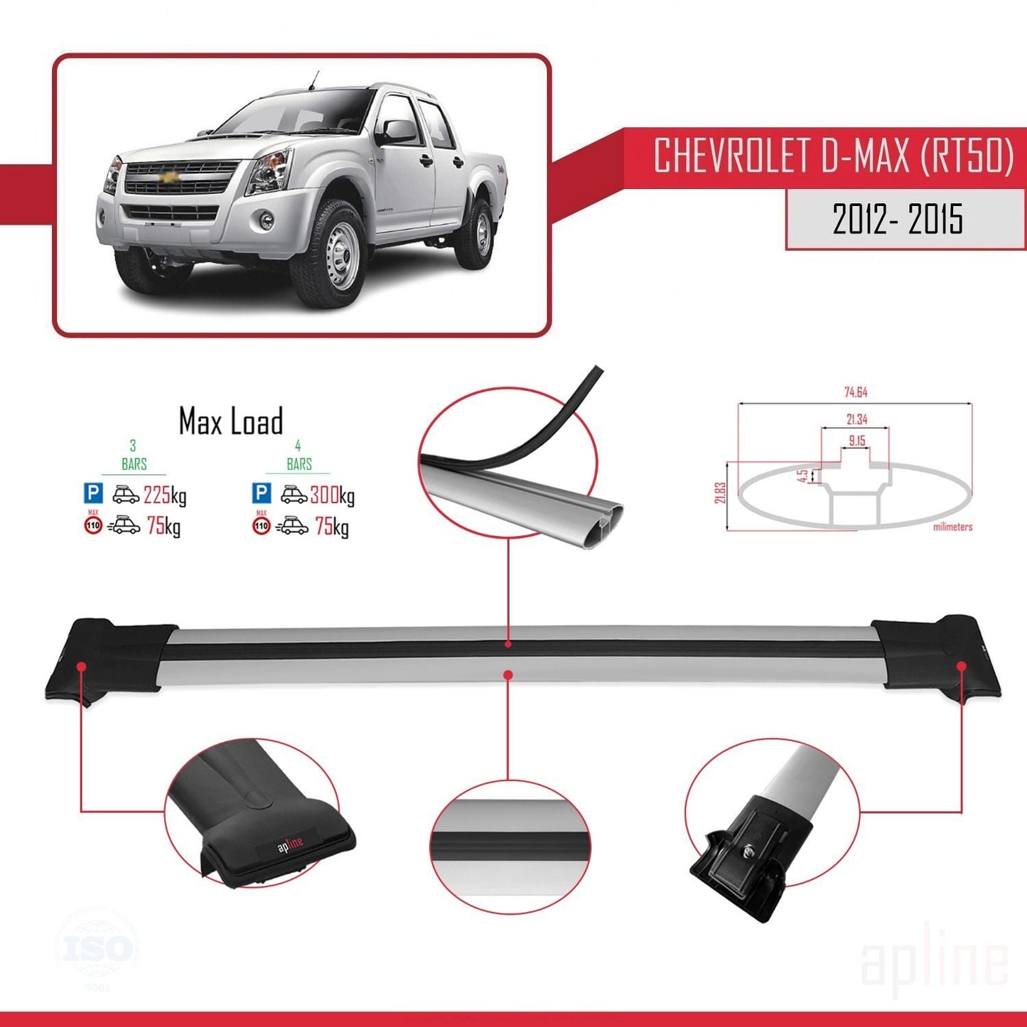 Compatible avec Chevrolet D-Max (RT50) 2012-2015 FLY Model Barres de Toit Railing Porte-Bagages de Voiture Gris Aluminium 3 Barres