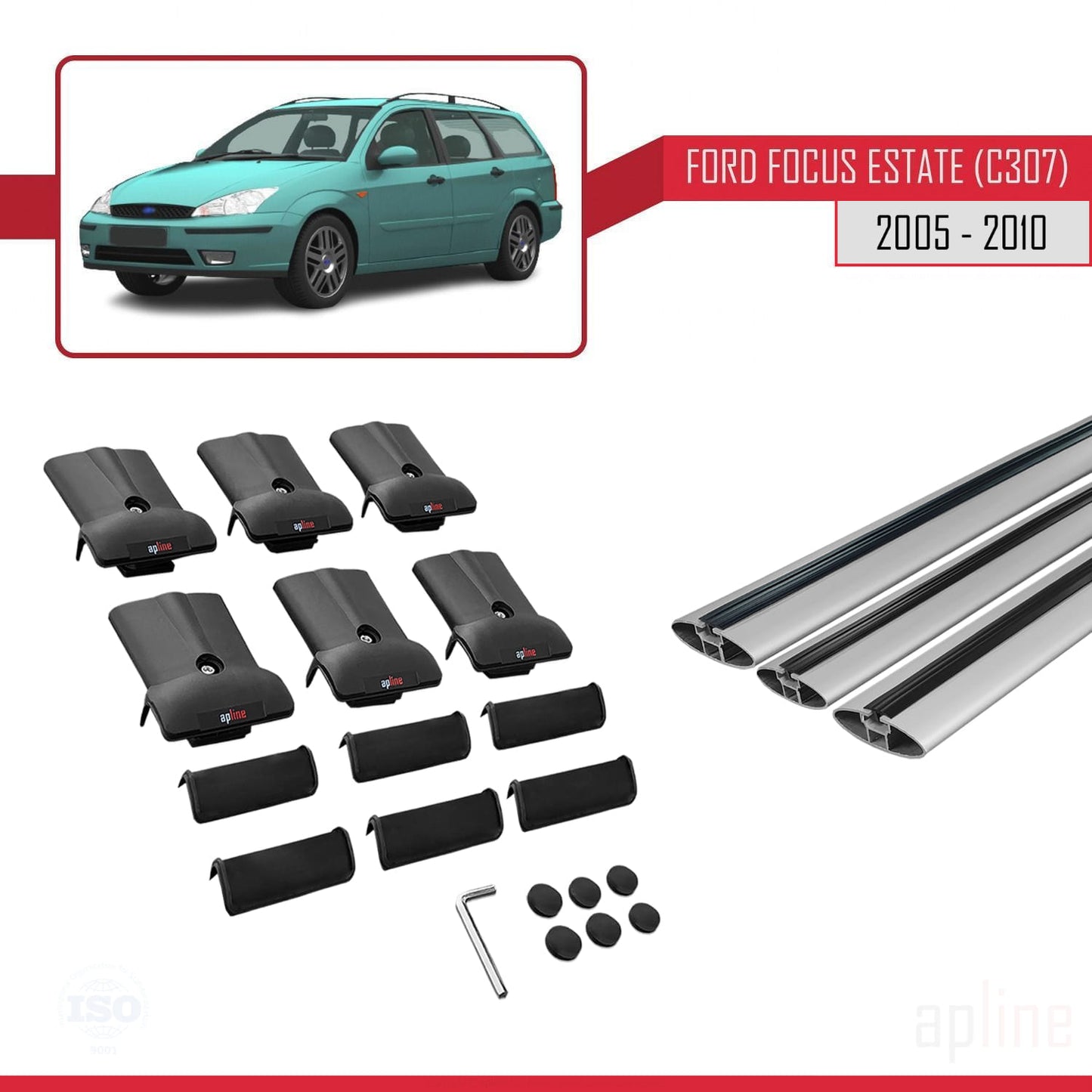 Compatible avec Ford Focus 2 (C307) Break 2005-2010 FLY Model Barres de Toit Railing Porte-Bagages de Voiture Gris Aluminium 3 Barres