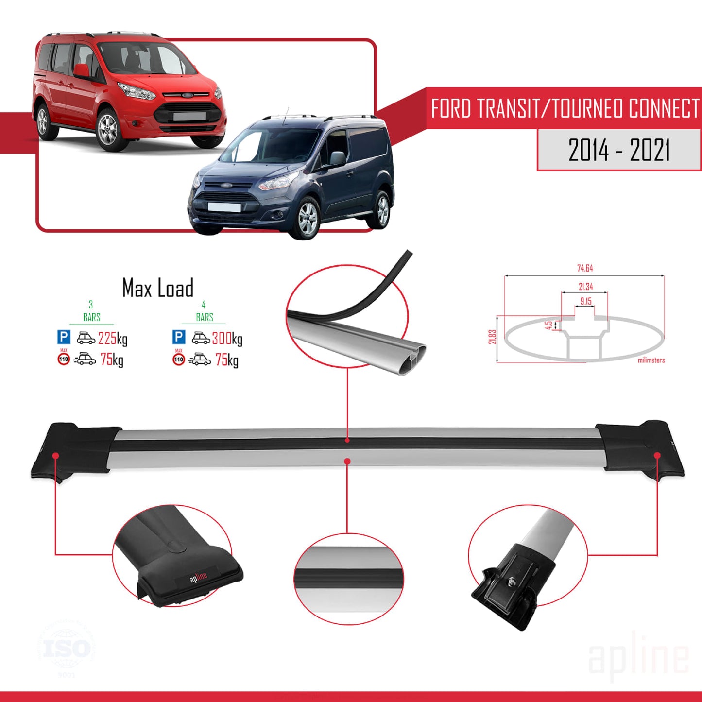 Compatible avec Ford Transit/Tourneo Connect 2 2014-2021 FLY Model Barres de Toit Railing Porte-Bagages de Voiture Gris Aluminium 3 Barres