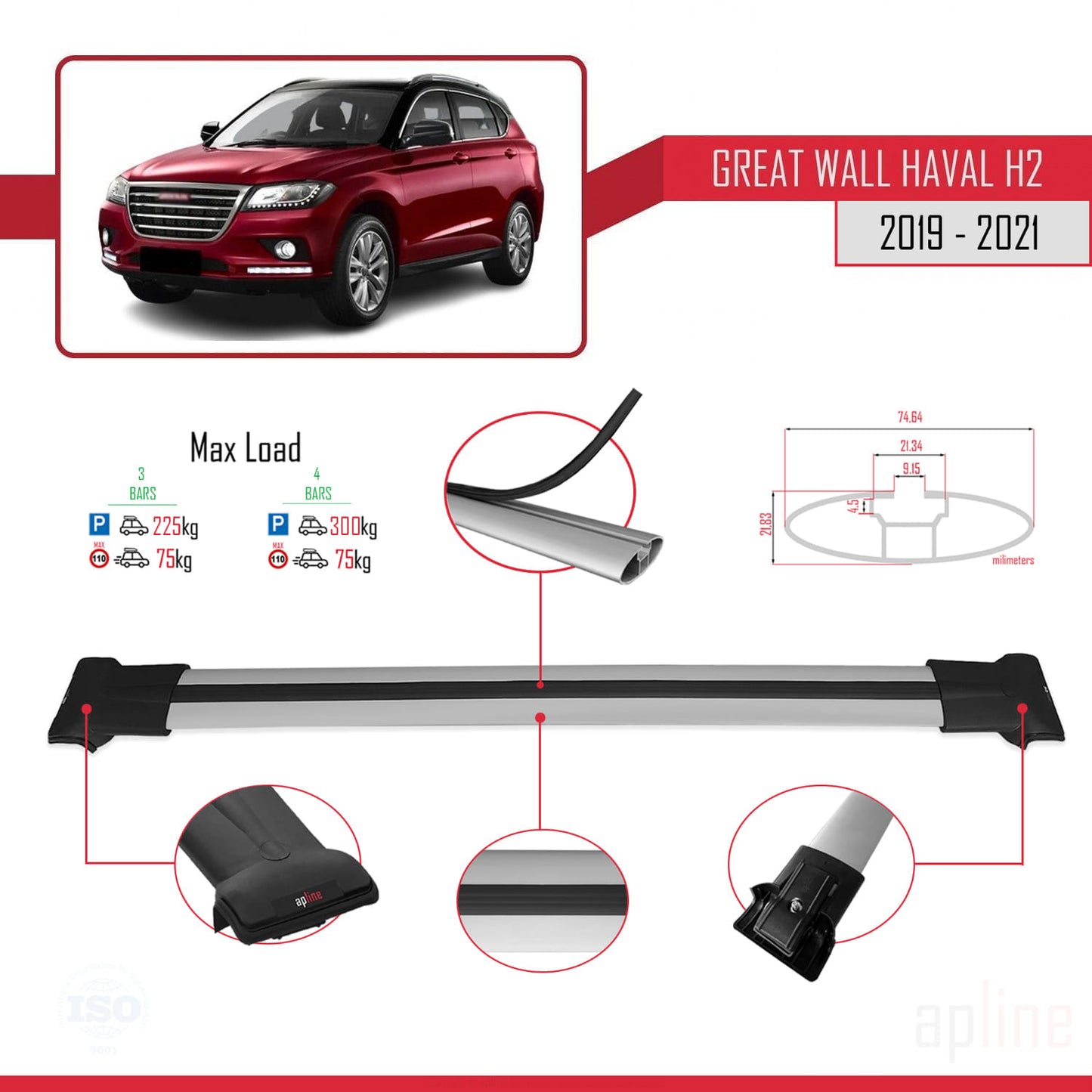 Compatible avec Great Wall Haval H2 2019-2021 FLY Model Barres de Toit Railing Porte-Bagages de Voiture Gris Aluminium 3 Barres