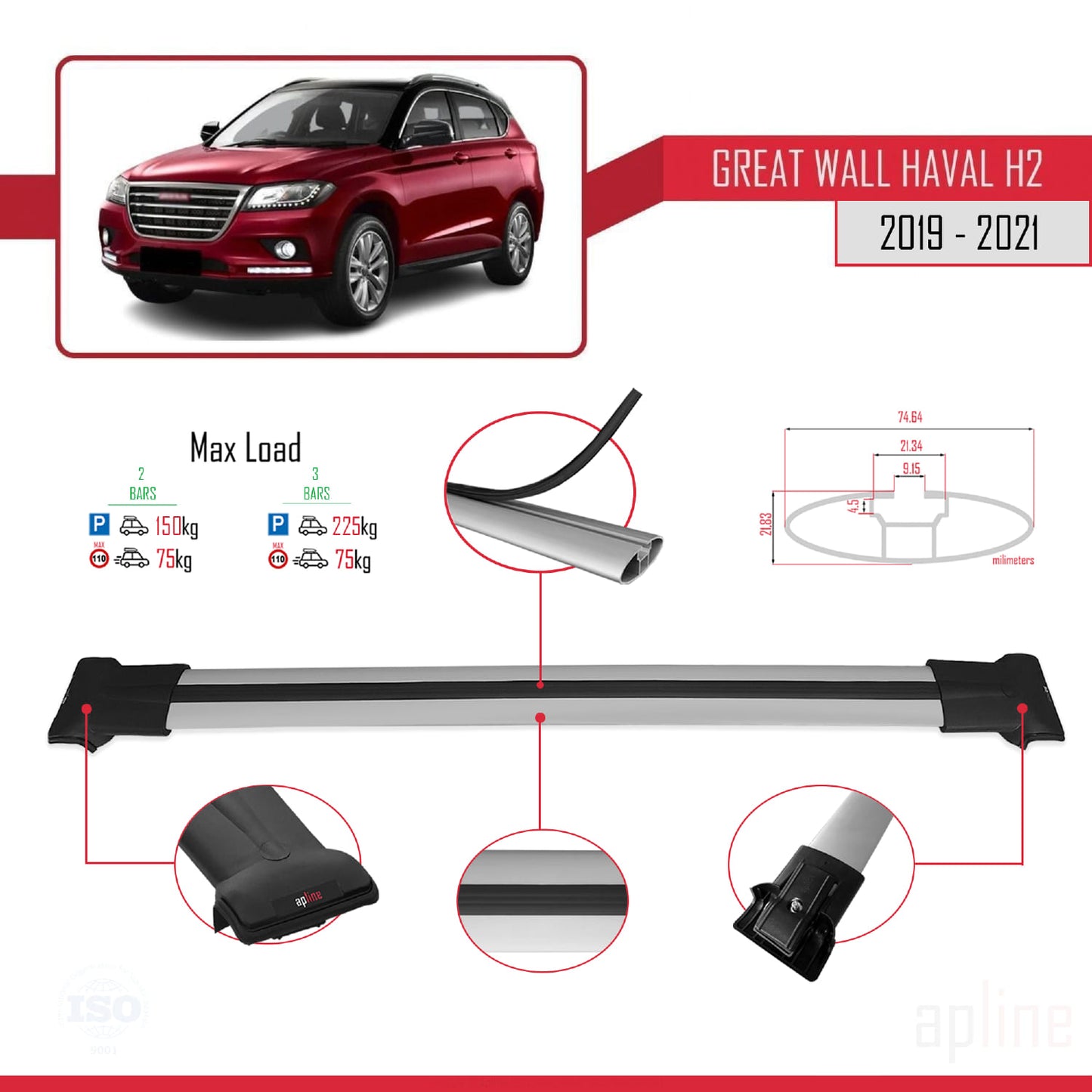 Compatible with Great Wall Haval H2 2019-2021 FLY Model Car Roof Rack Cross Bar Grey Aluminium 2 Bars