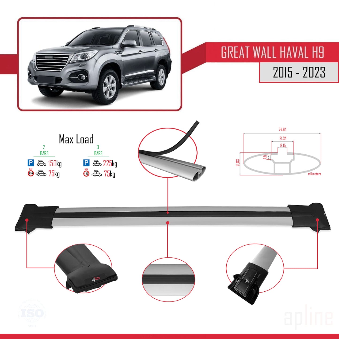 Compatible with Great Wall Haval H9 2015-2023 FLY Model Car Roof Rack Cross Bar Grey Aluminium 2 Bars