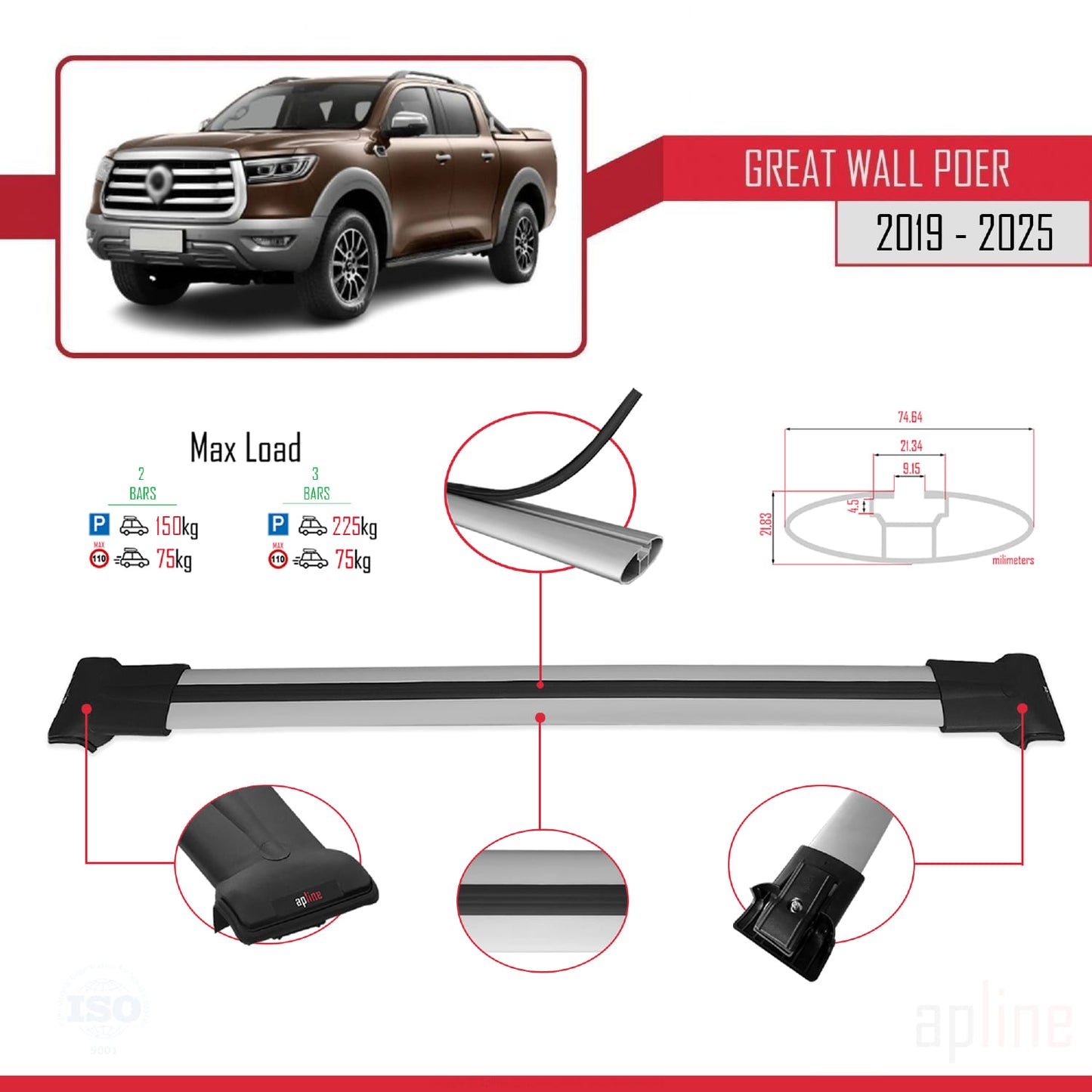 Compatible with Great Wall Poer 2019-2025 FLY Model Car Roof Rack Cross Bar Grey Aluminium 2 Bars