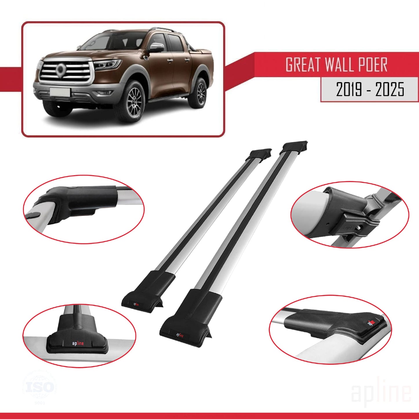 Compatible with Great Wall Poer 2019-2025 FLY Model Car Roof Rack Cross Bar Grey Aluminium 2 Bars